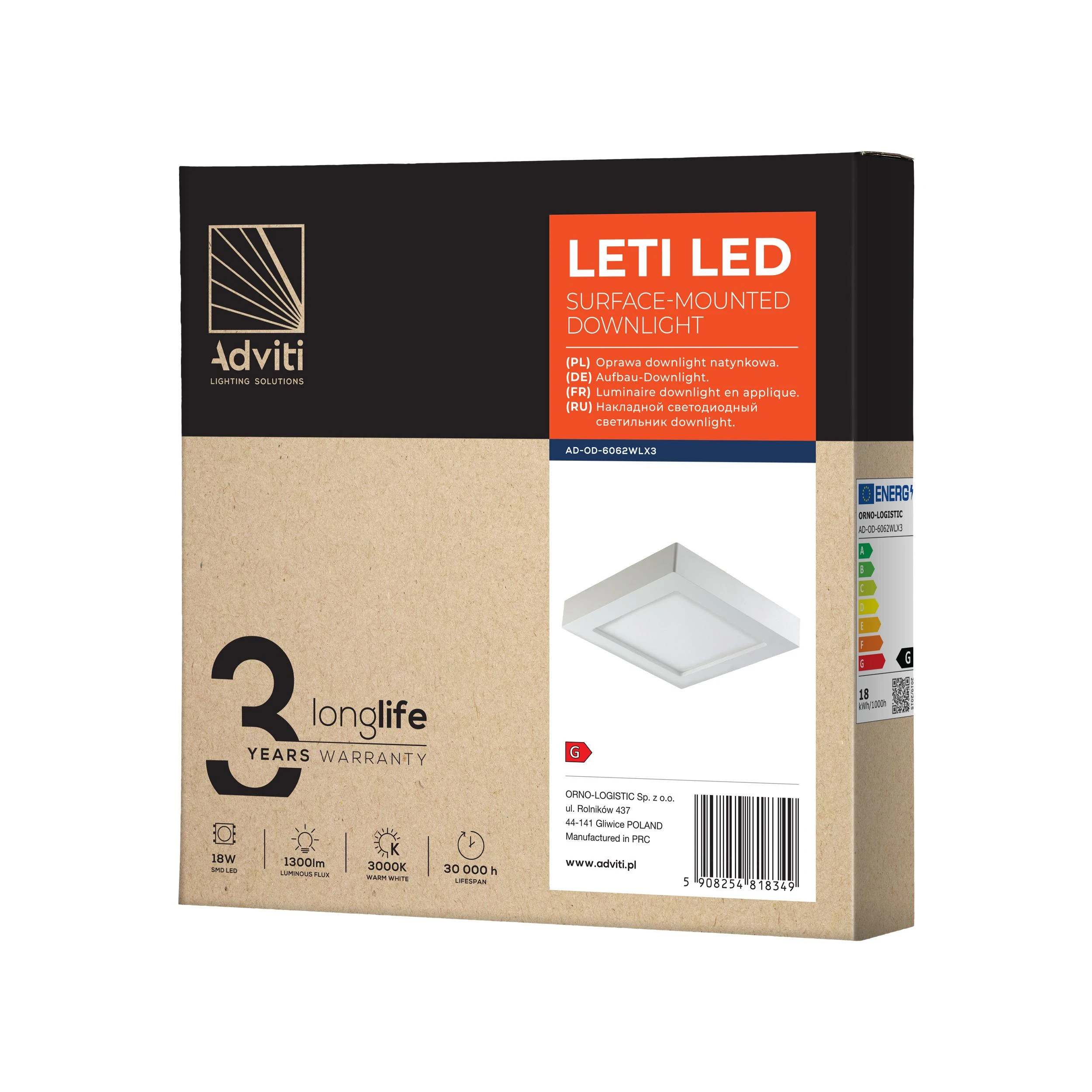 Lubinis šviestuvas Orno LETI LED 18W, įleidžiamas šviestuvas, paviršinio montavimo, kvadratinis, 1500lm, 3000K, baltas, su integruotu LED maitinimo šaltiniu