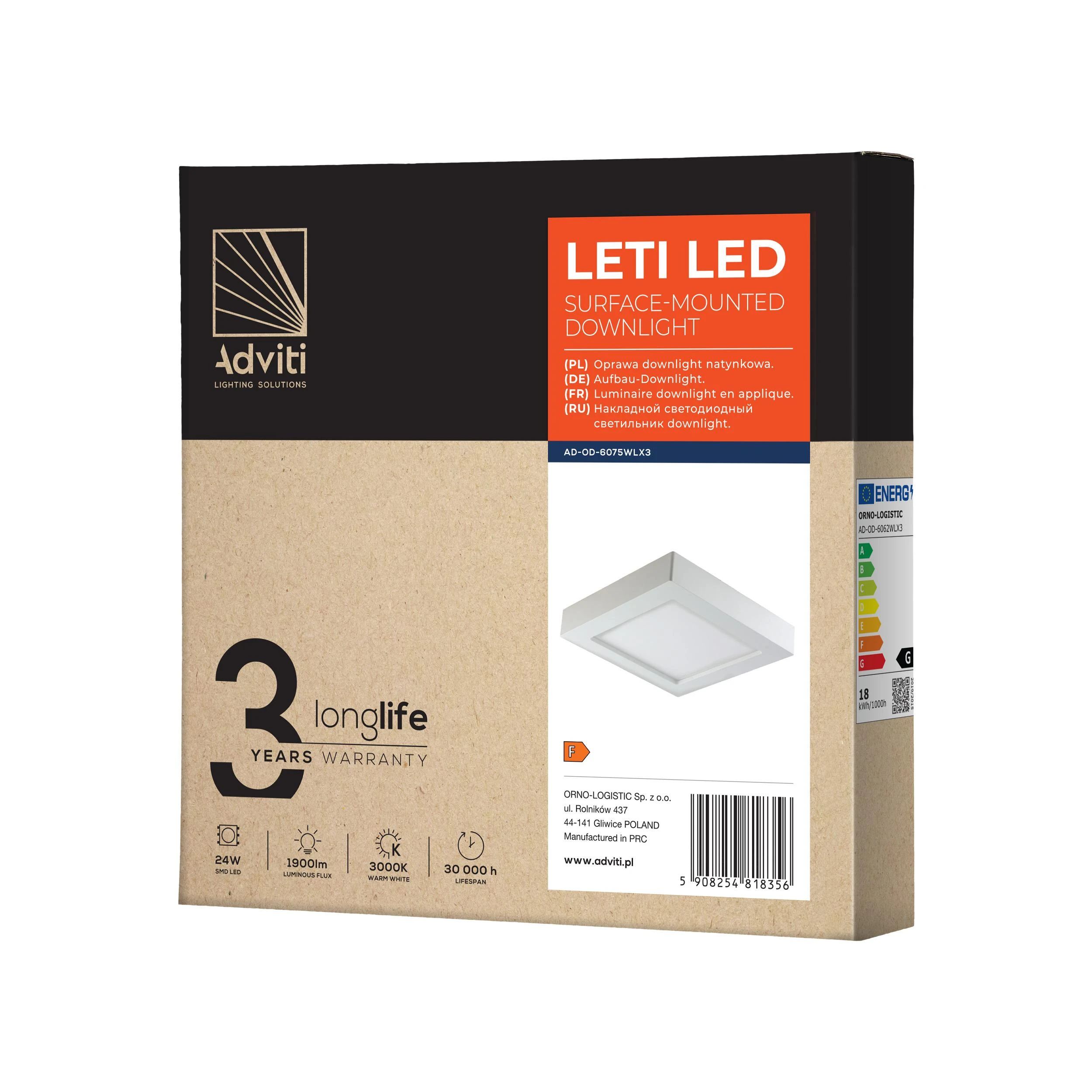 Lubinis šviestuvas Orno LETI LED 24W, įleidžiamas šviestuvas, paviršinio montavimo, kvadratinis, 1900lm, 3000K, baltas, su integruotu LED maitinimo šaltiniu