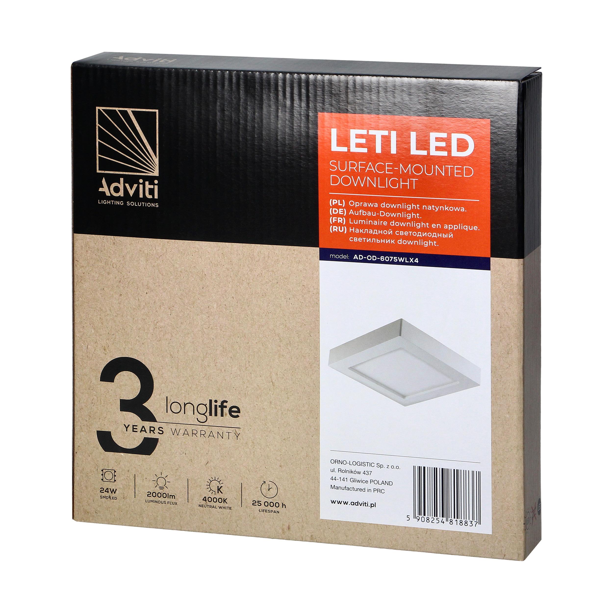 Lubinis šviestuvas Orno LETI LED 24W, oprawa downlight, natynkowa, kwadratowa, 2000lm, 4000K, balta, įmontuotas maitinimo šaltinis LED