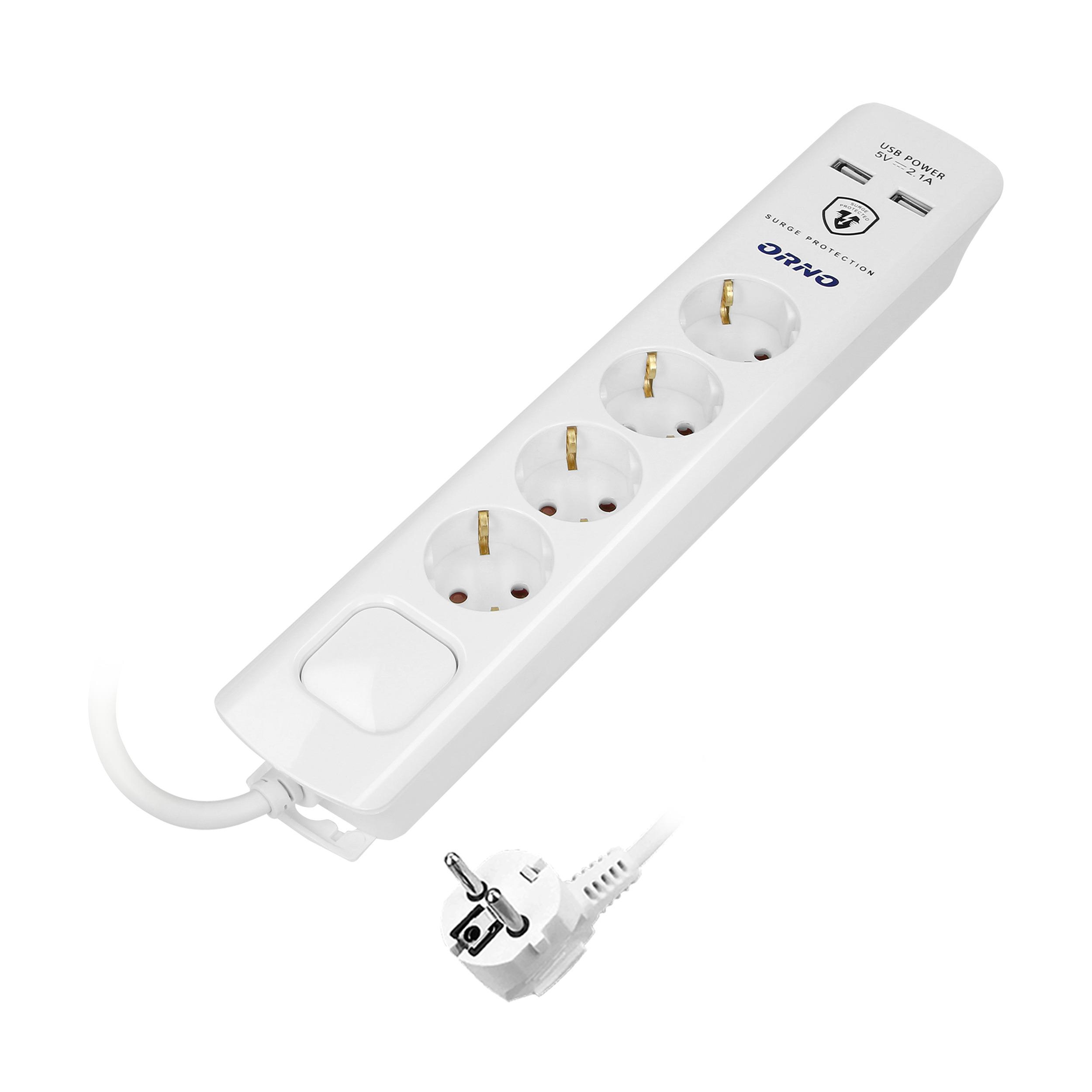 Orno Listwa Apsauginė juostelė nuo viršįtampių, 4 lizdai 2P+Z (Schuko), 3x1.0mm² laidas, 3m, su apšviestu dvipoliu jungikliu. 16A/230 VAC, 3 tipo viršįtampių apsauga, 2xUSB 2.1A įkroviklis, balta