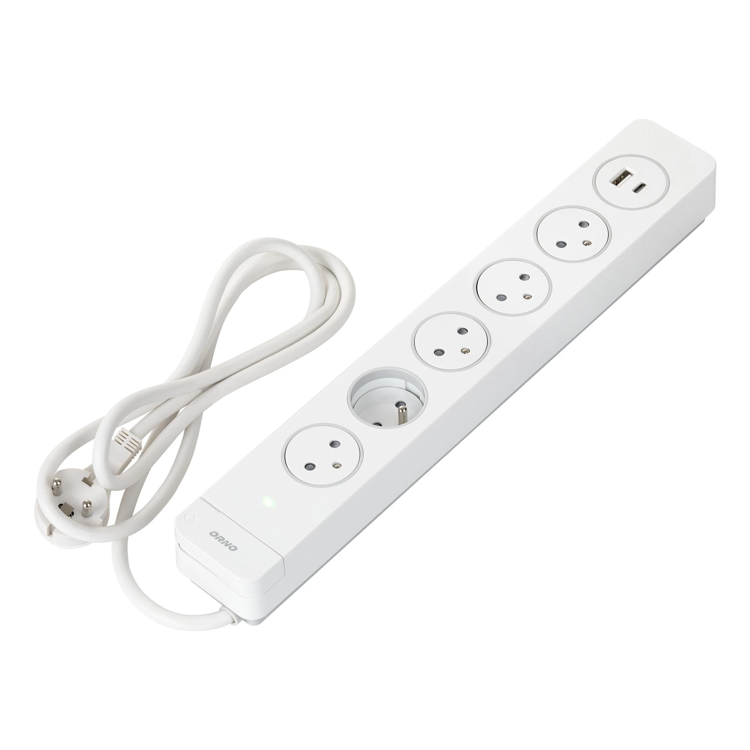 Orno Listwa Apsauginė juostelė nuo viršįtampių su 5 „EasyEject“ tipo 2P+Z lizdais, 1,5 m laidu (3x1,5 mm²), su apšviestu jungikliu ir 2 greitais USB A+C įkrovikliais