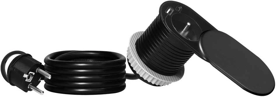 Orno Lizdas Baldų lizdas - 6 cm, įleidžiamas į stalviršį su stumdomu dangteliu, USB įkrovikliu ir 1,9 m laidu, 1x2P+Z (prancūziškas), 2xUSB (A+C tipo; PD20W), juodas