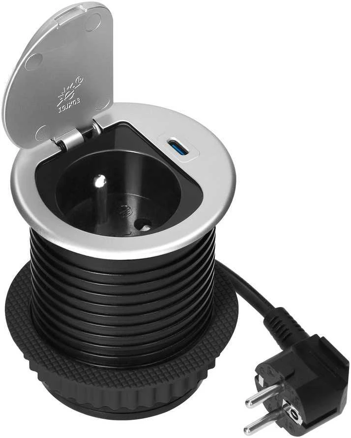 Gniazdo Lizdas Baldinis lizdas Ø6cm, įleidžiamas į stalviršį, su dangteliu, USB įkrovikliu ir 1,9m laidu, 1x2P+Z (prancūziškas), 1xUSB (C tipo; PD20W), sidabrinis