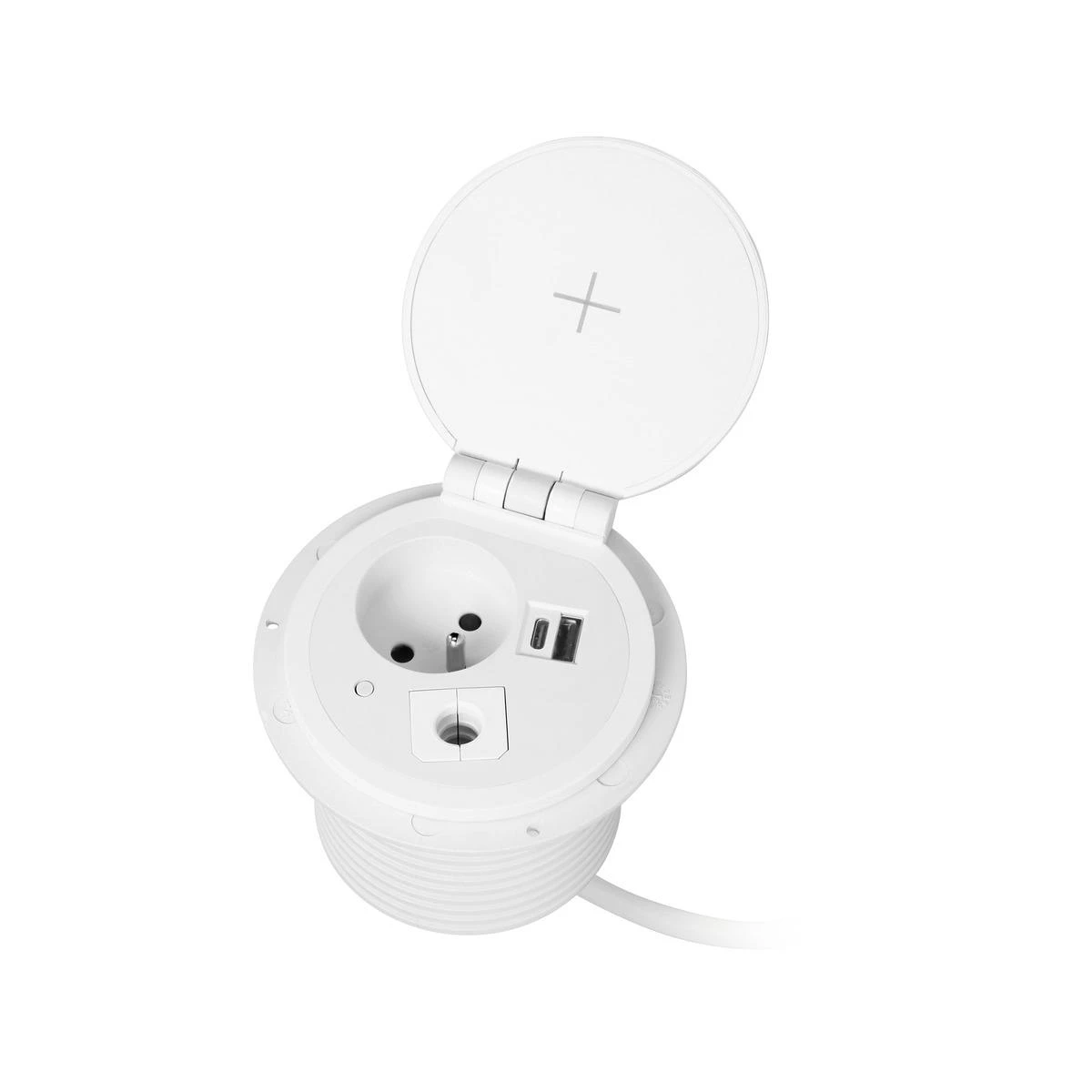 Orno Lizdas Baldinis lizdas Ø8cm, įleidžiamas į stalviršį, su indukciniu įkrovikliu, USB įkroviklis su 2 A ir C lizdais, kabelio įvorėle ir 1,8m laidu, 1x2P+Z, 2xUSB 2.4A 5V, baltas
