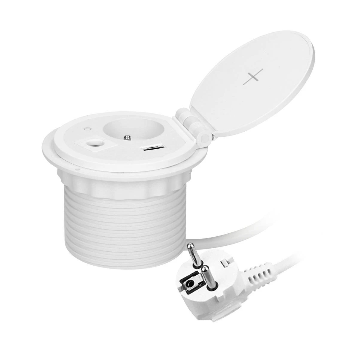 Orno Lizdas Baldinis lizdas Ø8cm, įleidžiamas į stalviršį, su indukciniu įkrovikliu, USB įkroviklis su 2 A ir C lizdais, kabelio įvorėle ir 1,8m laidu, 1x2P+Z, 2xUSB 2.4A 5V, baltas