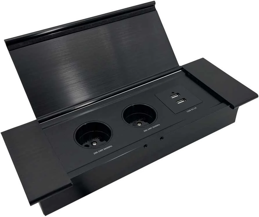 Gniazdo Lizdas Baldinis lizdas, įleidžiamas į stalviršį, su plokščiu frezuotu kraštu, atlenkiamu dangteliu, USB įkrovikliu ir 1,5 m laidu, 2x2P+Z (Schuko), 2xUSB (A+C tipo; 3,6A), juodas