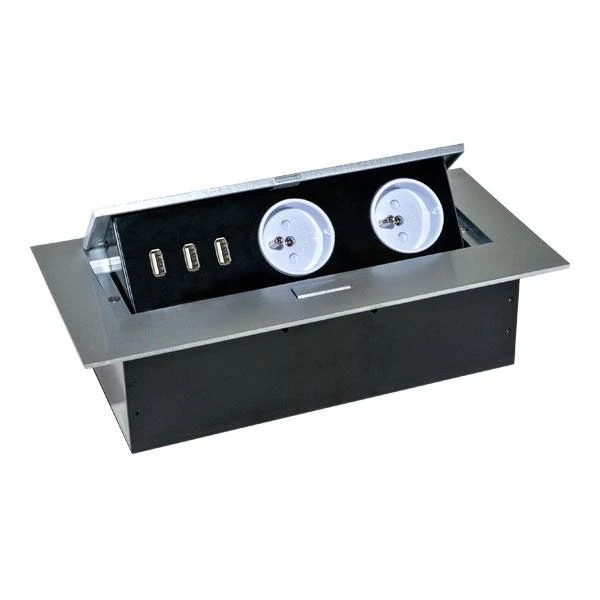 Orno Lizdas Baldinis lizdas, įleidžiamas į stalviršį, su storu kraštu, 2x2P+Z, 3 USB prievadai, sidabrinis