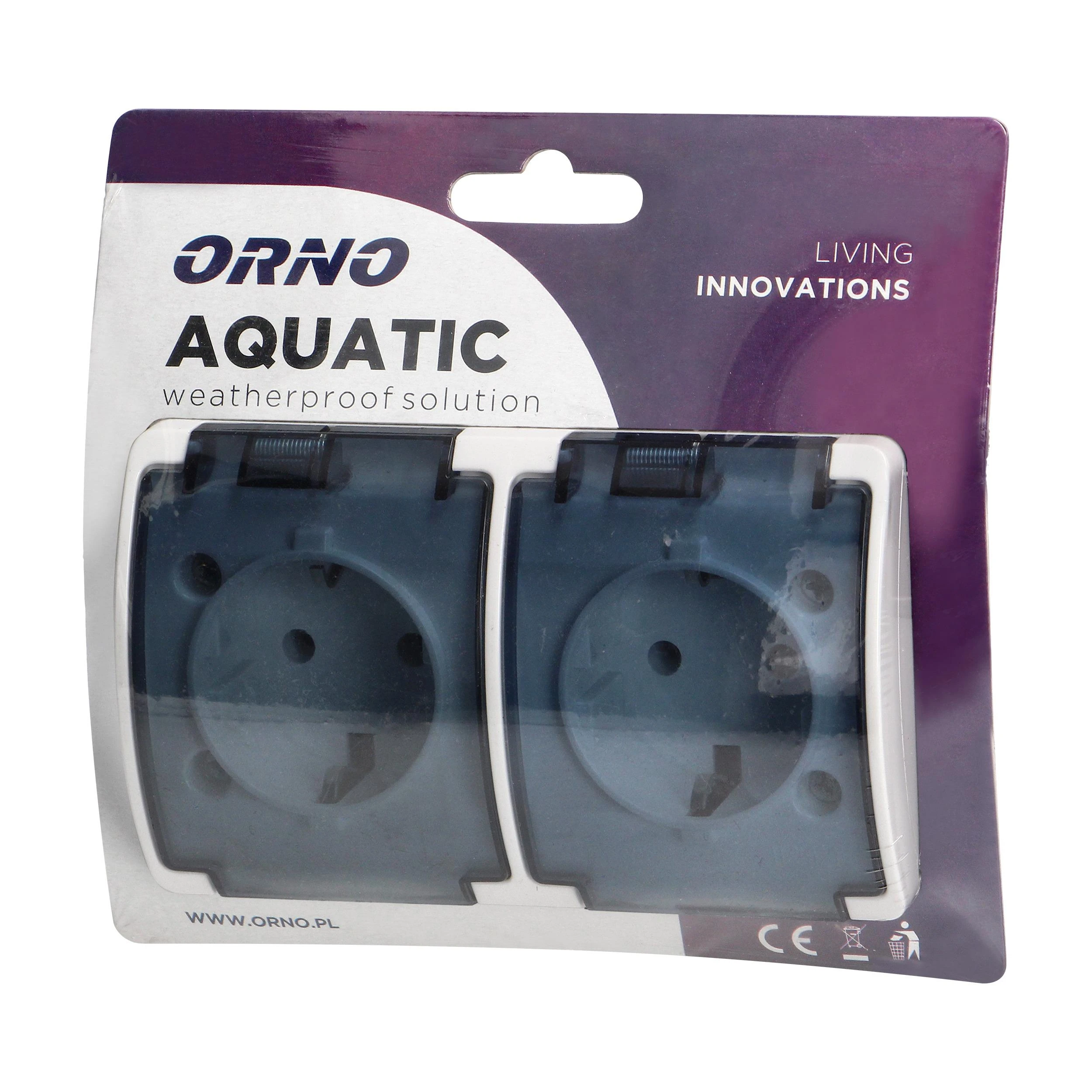 Orno Lizdas Dvigubas lizdas 2x2P+Z Schuko AQUATIC, IP44, baltai dūminis