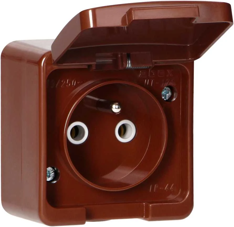 Gniazdo Lizdas Viengubas 2P+Z lizdas, atsparus vandens purslams, su atvartu, gaminio spalvos, IP44, SMART, rudas