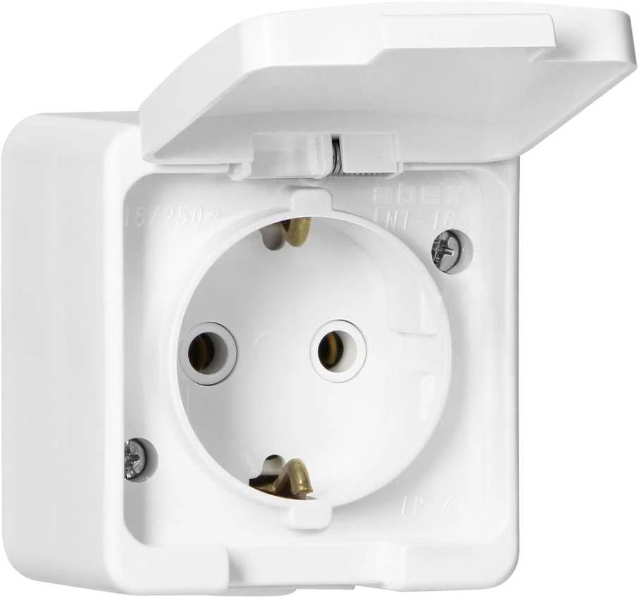 Gniazdo Lizdas Viengubas 2P+Z SCHUKO lizdas, atsparus vandens purslams, su atvartu, atitinkančiu gaminio spalvą, IP44, SMART, baltas