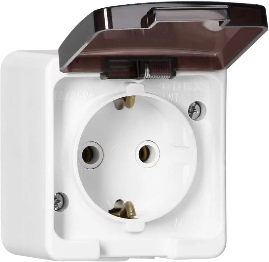 Gniazdo Lizdas Vienas lizdas 2P+Z SCHUKO atsparus purslams su dūmų sklende IP44, SMART, baltas