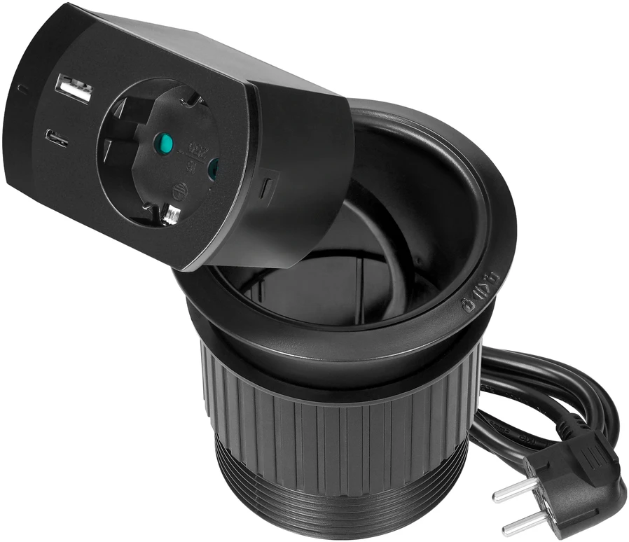 Gniazdo Lizdas Įleidžiamas lizdas su USB įkrovikliu, kabelio sandarikliu ir 1,4 m laidu, 1x2P+Z (Schuko), 2xUSB (A+C tipo; PD20W), juodas