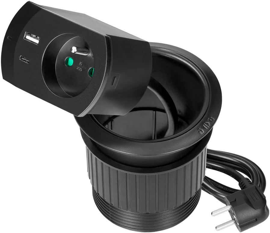 Gniazdo Lizdas Įleidžiamas lizdas su USB įkrovikliu, kabelio sandarikliu ir 1,4 m laidu, 1x2P+Z (prancūziškas), 2xUSB (A+C tipo; PD20W), juodas