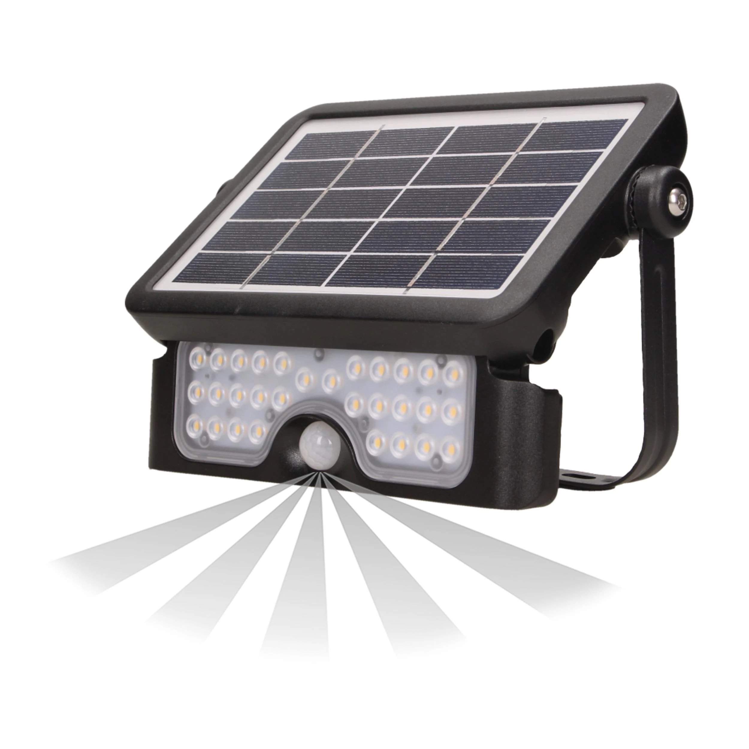 LUX LED 5W, saulės energija varomas prožektorius su judesio jutikliu 500lm, IP65, 4000K, 2x1500mAh, juodas