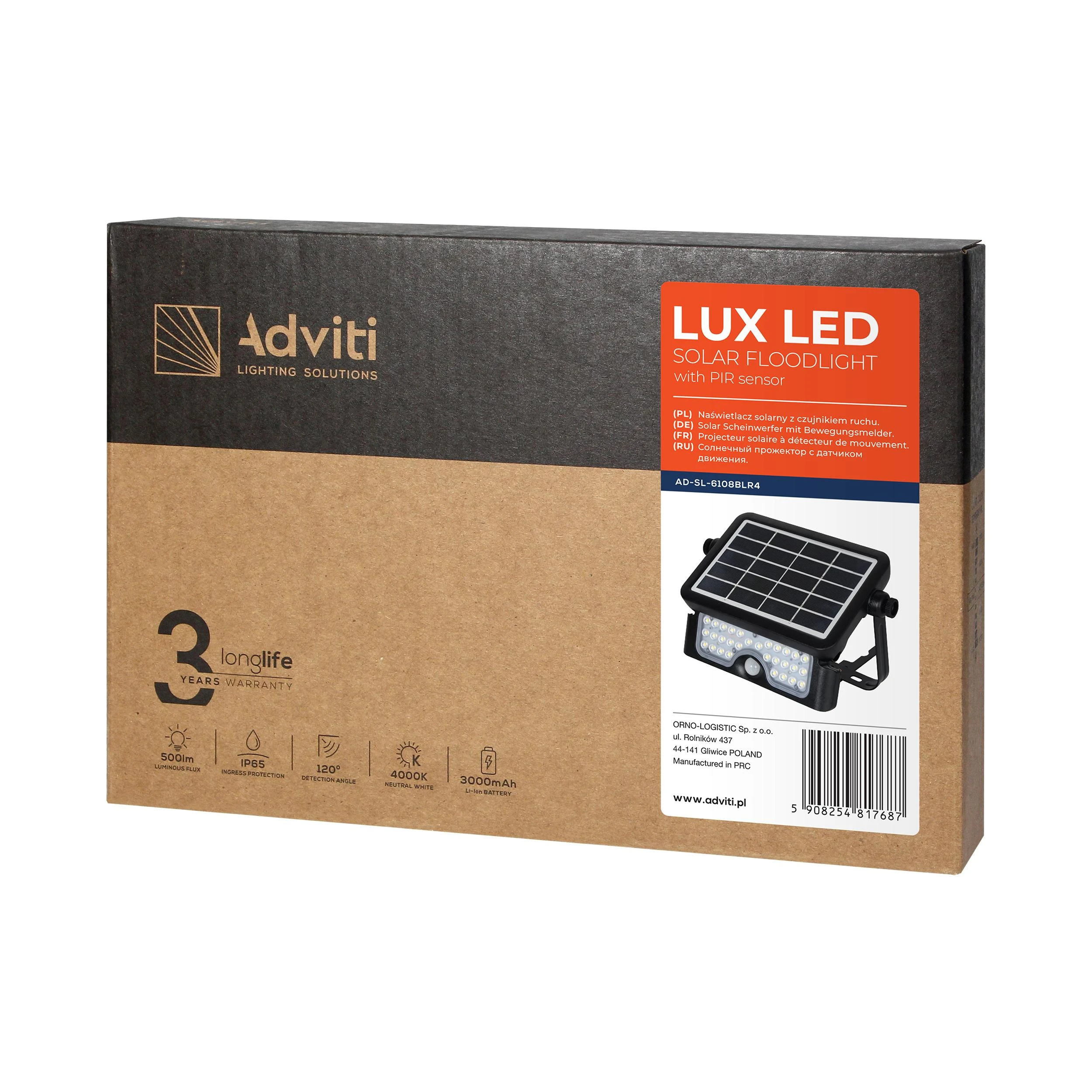 LUX LED 5W, saulės energija varomas prožektorius su judesio jutikliu 500lm, IP65, 4000K, 2x1500mAh, juodas