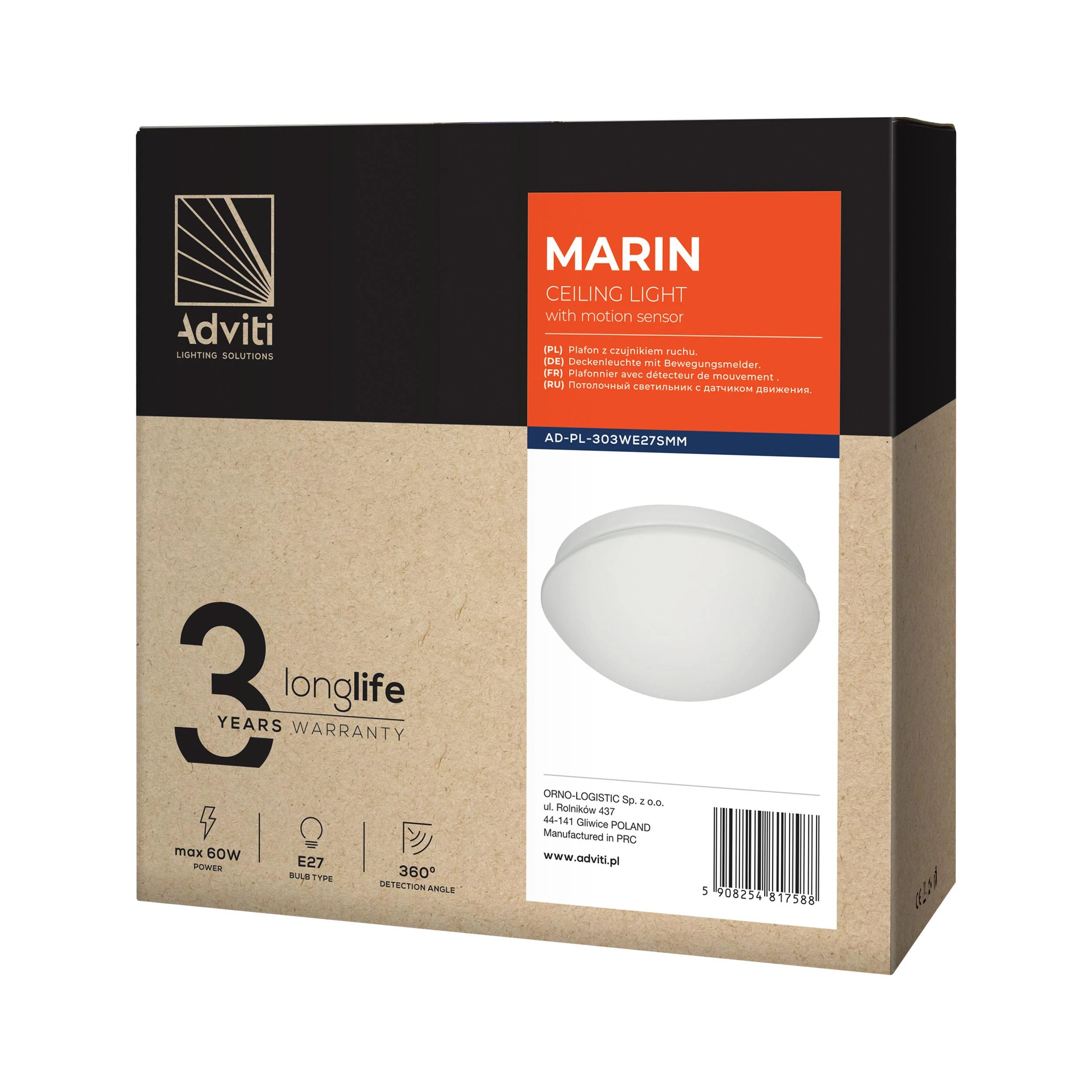 Orno MARIN, lubinis šviestuvas su mikrobangų judesio jutikliu, 60 W, E27, IP44, matinis stiklas