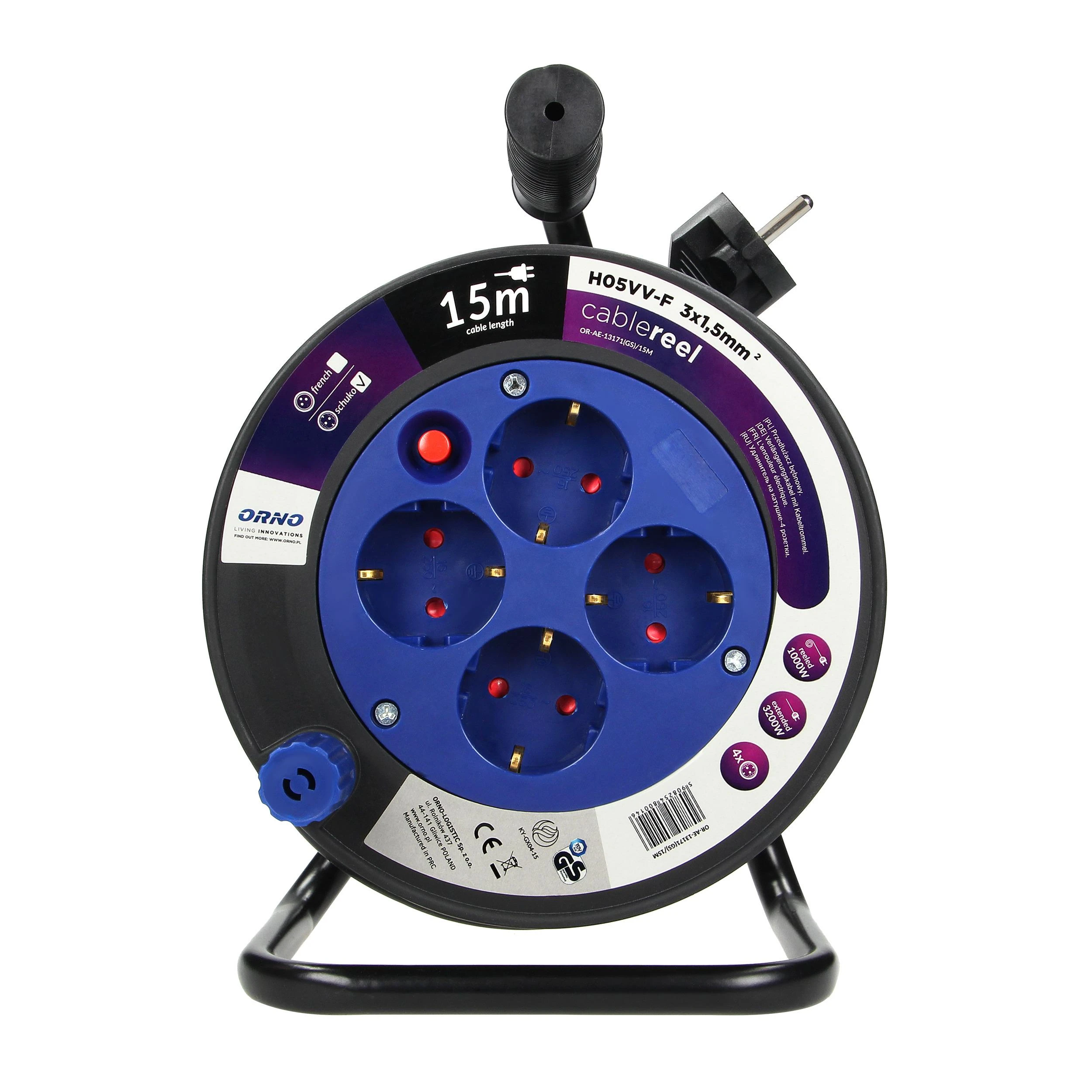 Orno MINI ilgintuvas 4 lizdai 2P+Z 15 m OR-AE-1339/G(GS) schuko pilka