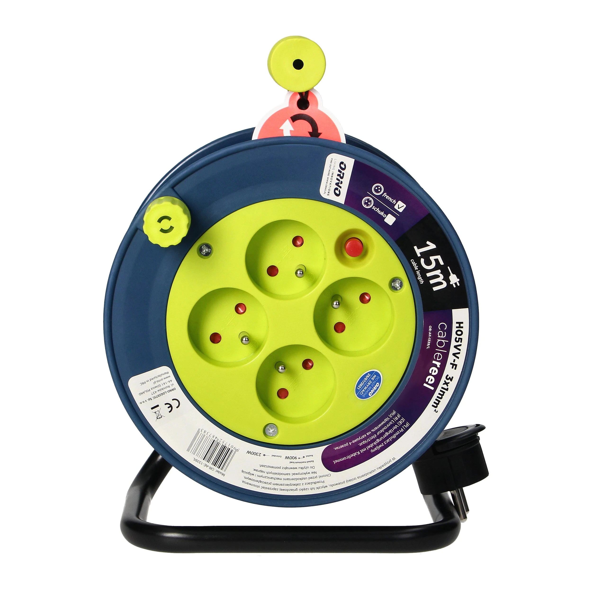 Orno Przedłużacz MINI prailginimo kabelio ritė, 4 lizdai 2P+Z, metalinis stovas, PVC H05VV-F 3x1mm?, ilgis 15m, žalia