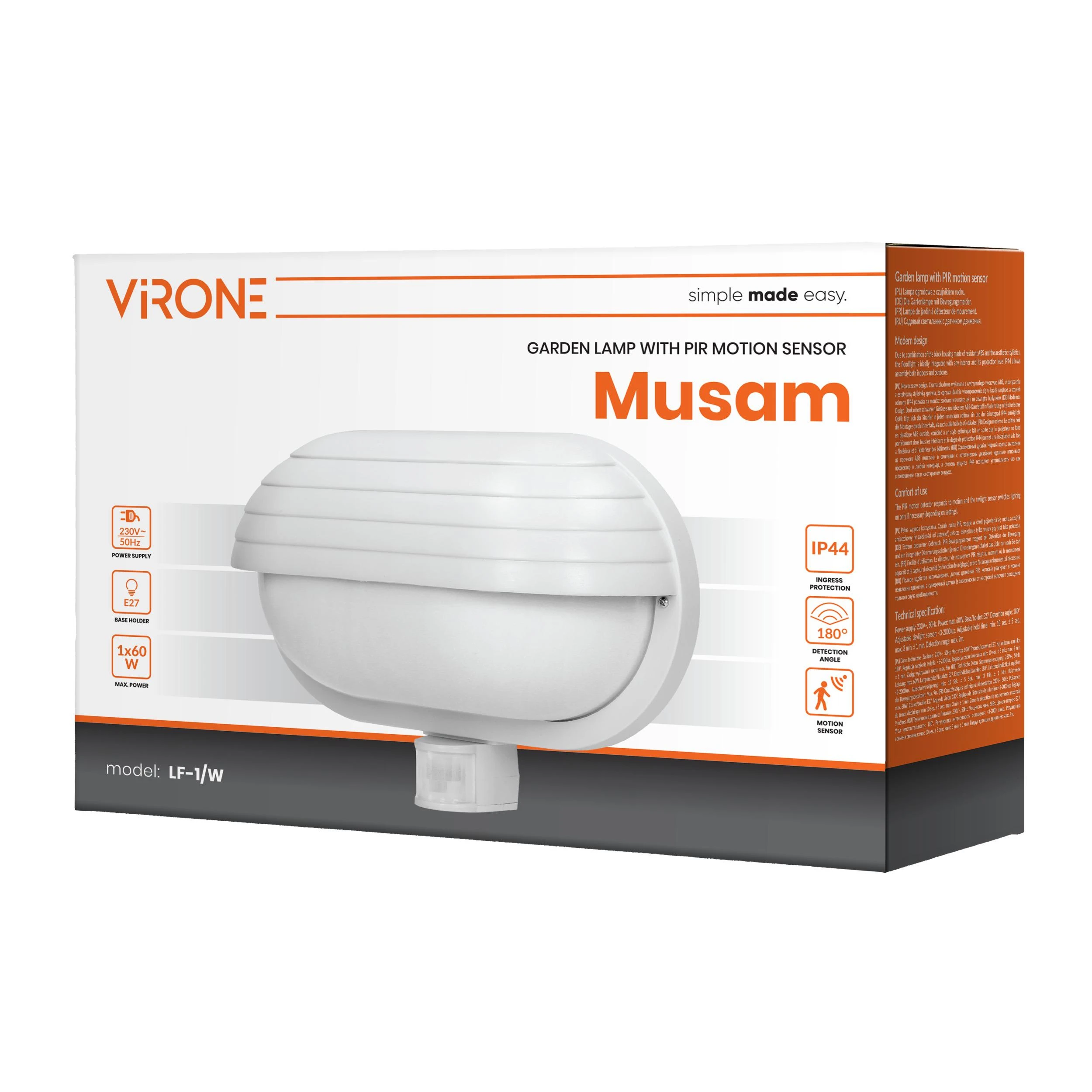 Sieninis šviestuvas Orno MUSAM, sodo šviestuvas su 180° judesio jutikliu, 1x15W, E27, IP44, su sklende, plastikinis, baltas