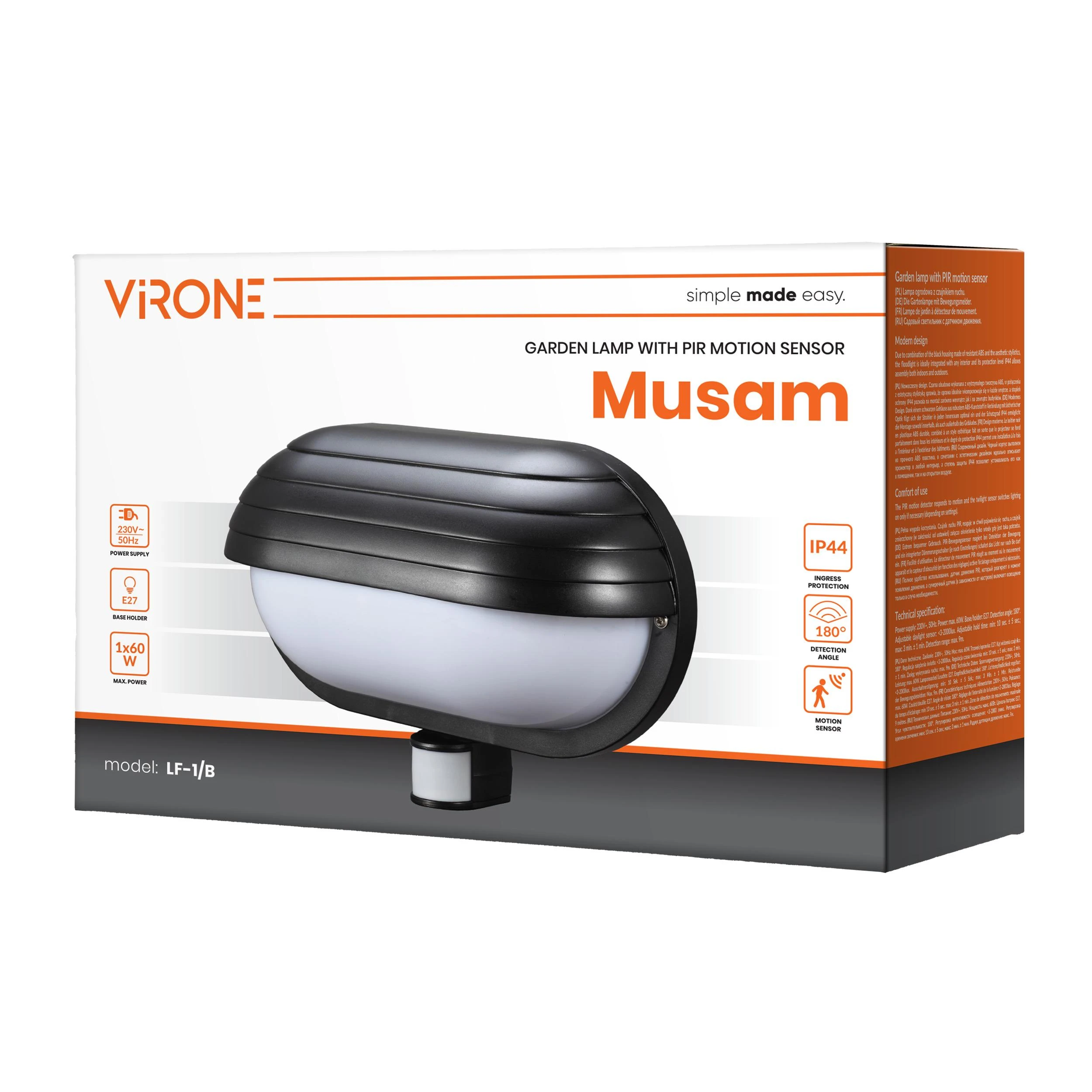 Sieninis šviestuvas Orno MUSAM, sodo šviestuvas su 180° judesio jutikliu, 1x60W, E27, IP44, su sklende, plastikinis, juodas