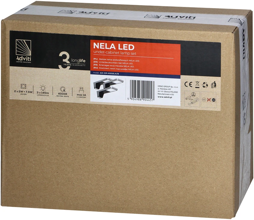 Orno NELA rinkinys iš 3 LED lempučių po korpusu, 2x2W+7.5W, 4000K, su USB, juoda