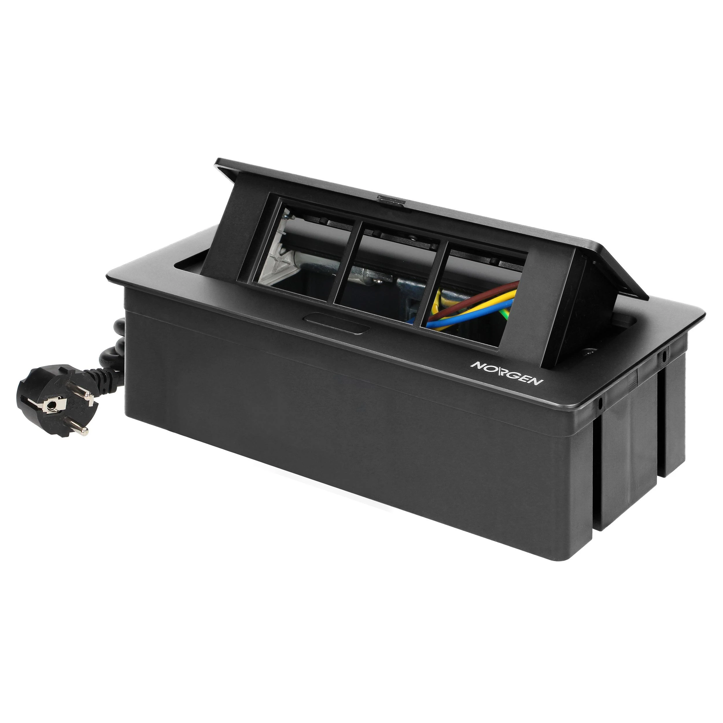 Orno NOEN baldų kasetė, įleidžiama į stalviršį, su integruotu PVC rėmu moduliniams lizdams 3 x 45x45mm arba 6 x 22,5x45mm, 1,5m laidas, juoda