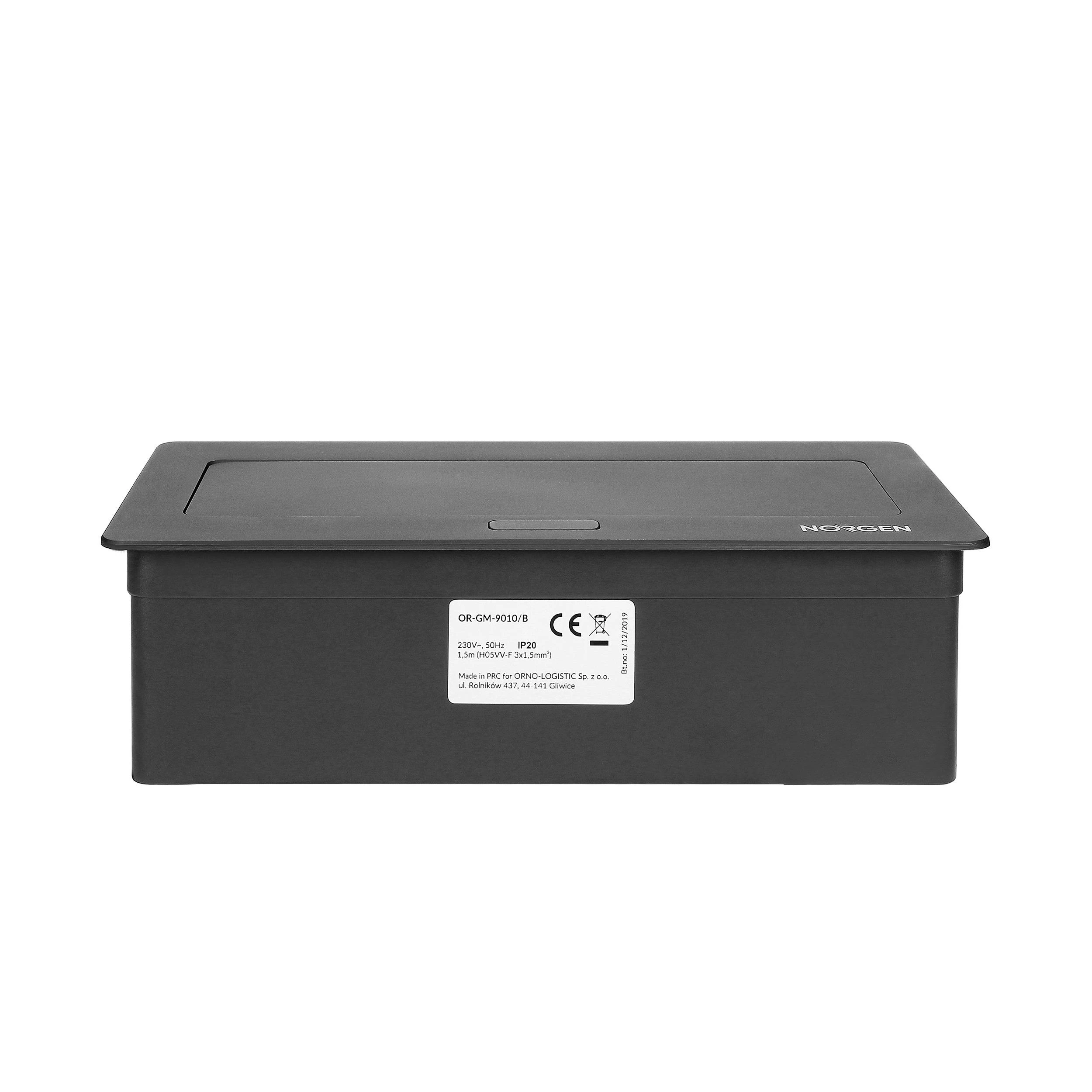 Orno NOEN baldų kasetė, įleidžiama į stalviršį, su integruotu PVC rėmu moduliniams lizdams 3 x 45x45mm arba 6 x 22,5x45mm, 1,5m laidas, juoda
