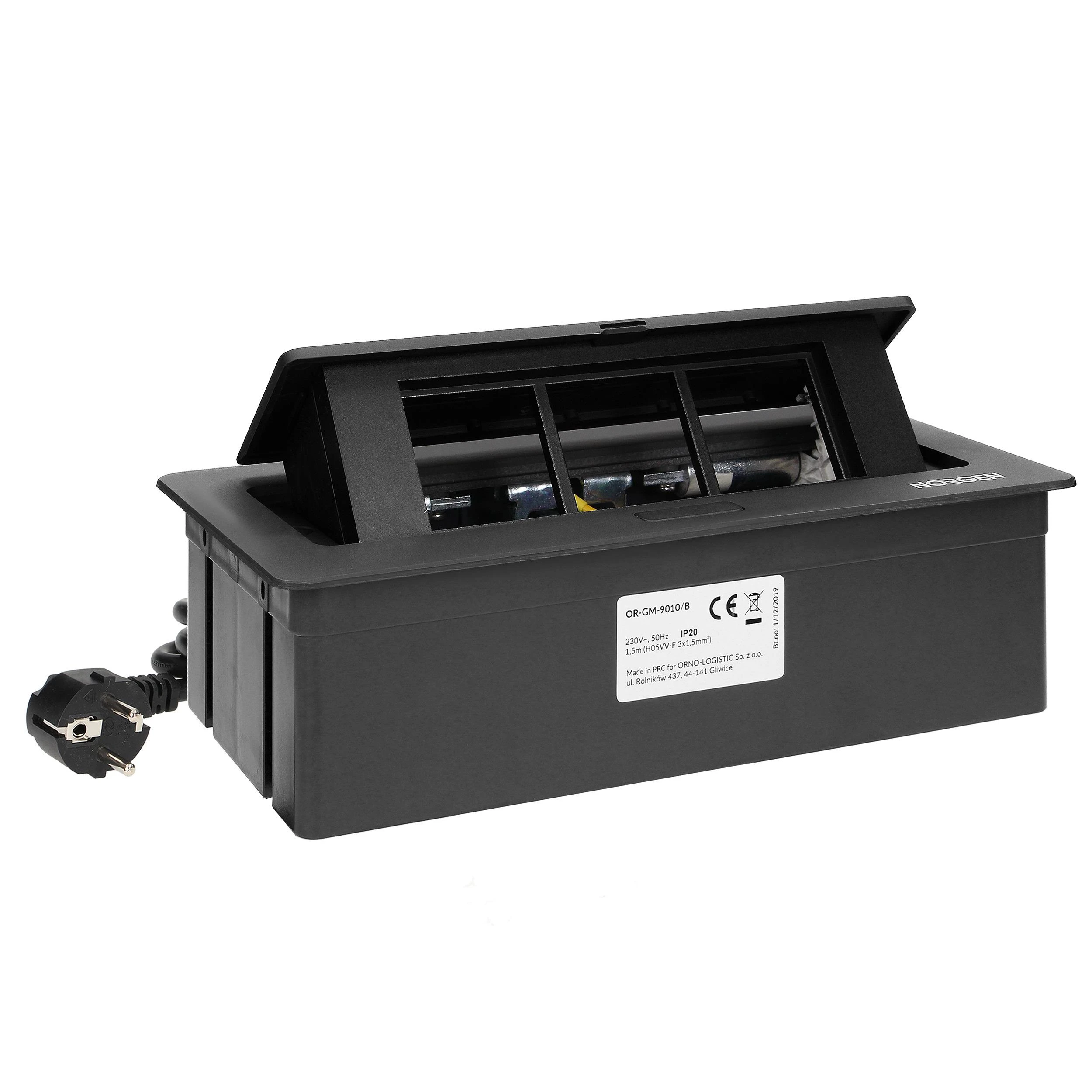 Orno NOEN baldų kasetė, įleidžiama į stalviršį, su integruotu PVC rėmu moduliniams lizdams 3 x 45x45mm arba 6 x 22,5x45mm, 1,5m laidas, juoda