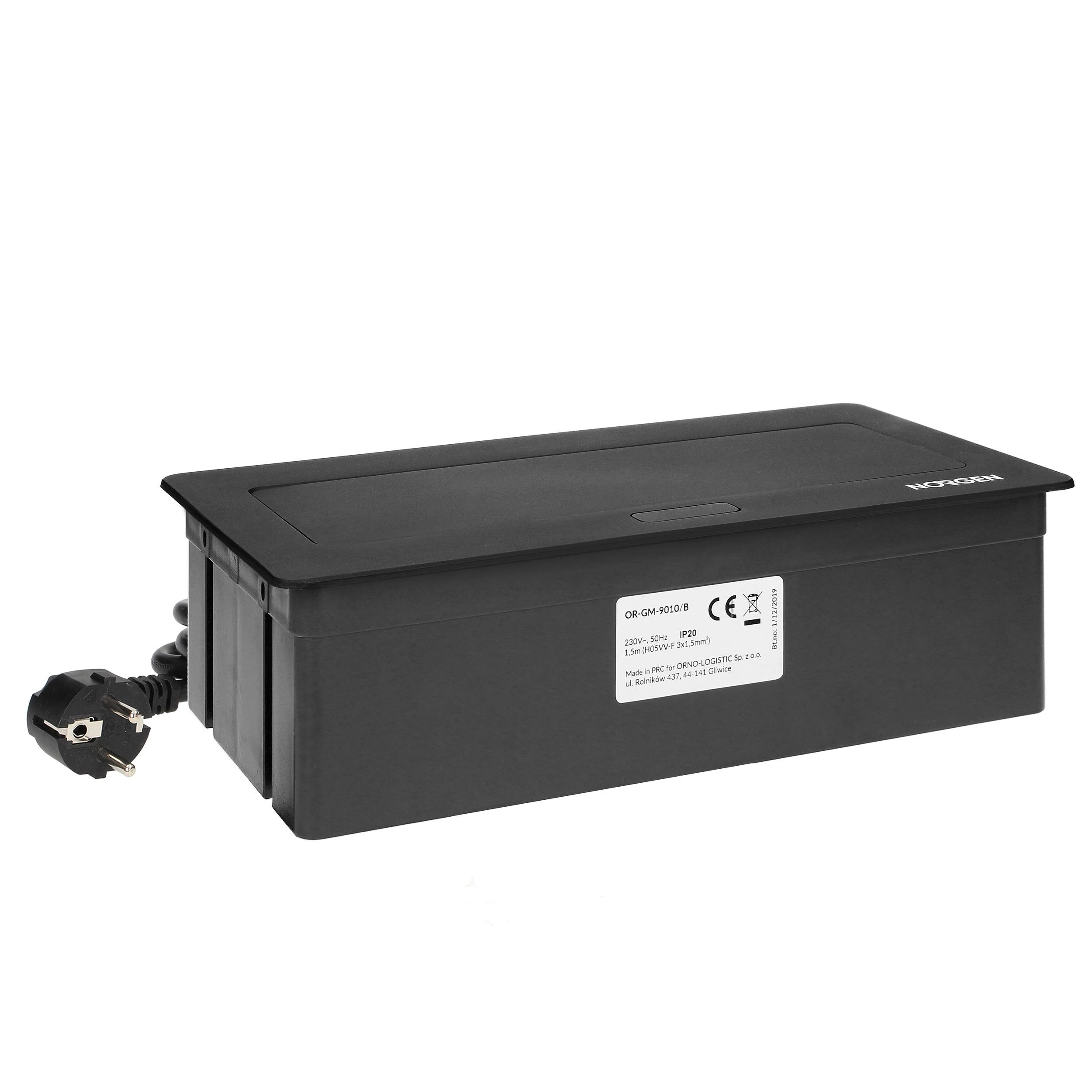 Orno NOEN baldų kasetė, įleidžiama į stalviršį, su integruotu PVC rėmu moduliniams lizdams 3 x 45x45mm arba 6 x 22,5x45mm, 1,5m laidas, juoda