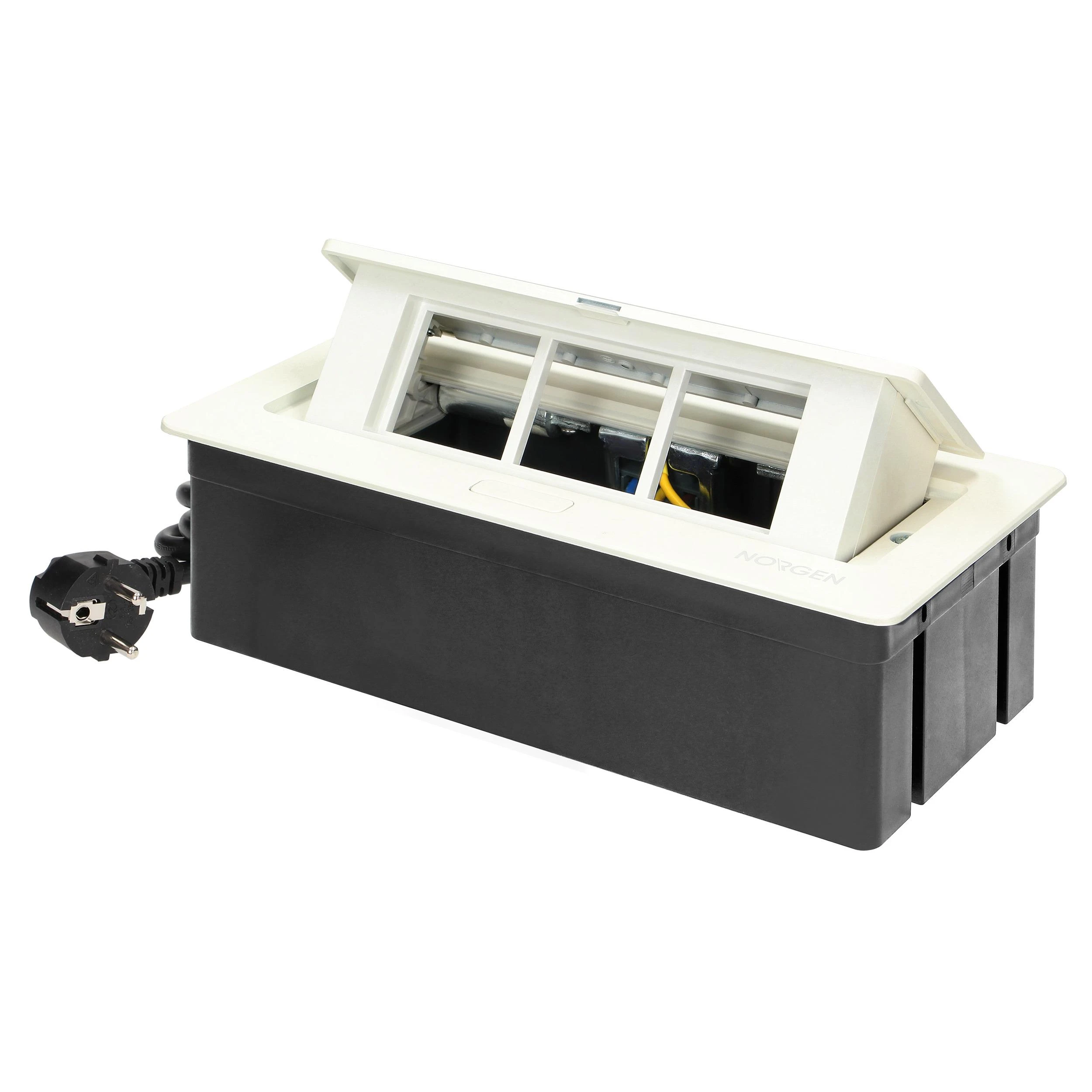 Orno NOEN baldų kasetė, įleidžiama į stalviršį, su integruotu PVC rėmu moduliniams lizdams 3 x 45x45mm arba 6 x 22,5x45mm, 1,5m laidas, balta