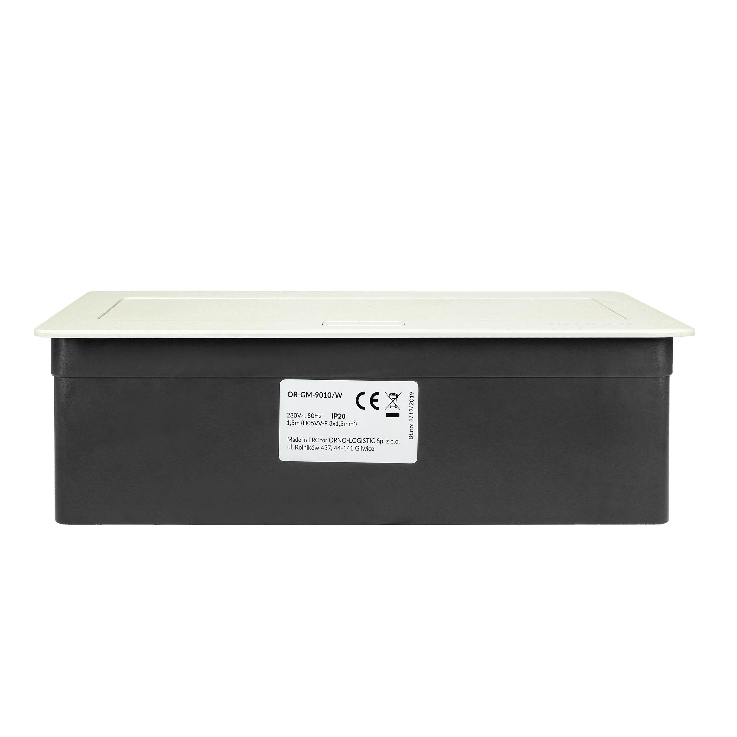 Orno NOEN baldų kasetė, įleidžiama į stalviršį, su integruotu PVC rėmu moduliniams lizdams 3 x 45x45mm arba 6 x 22,5x45mm, 1,5m laidas, balta