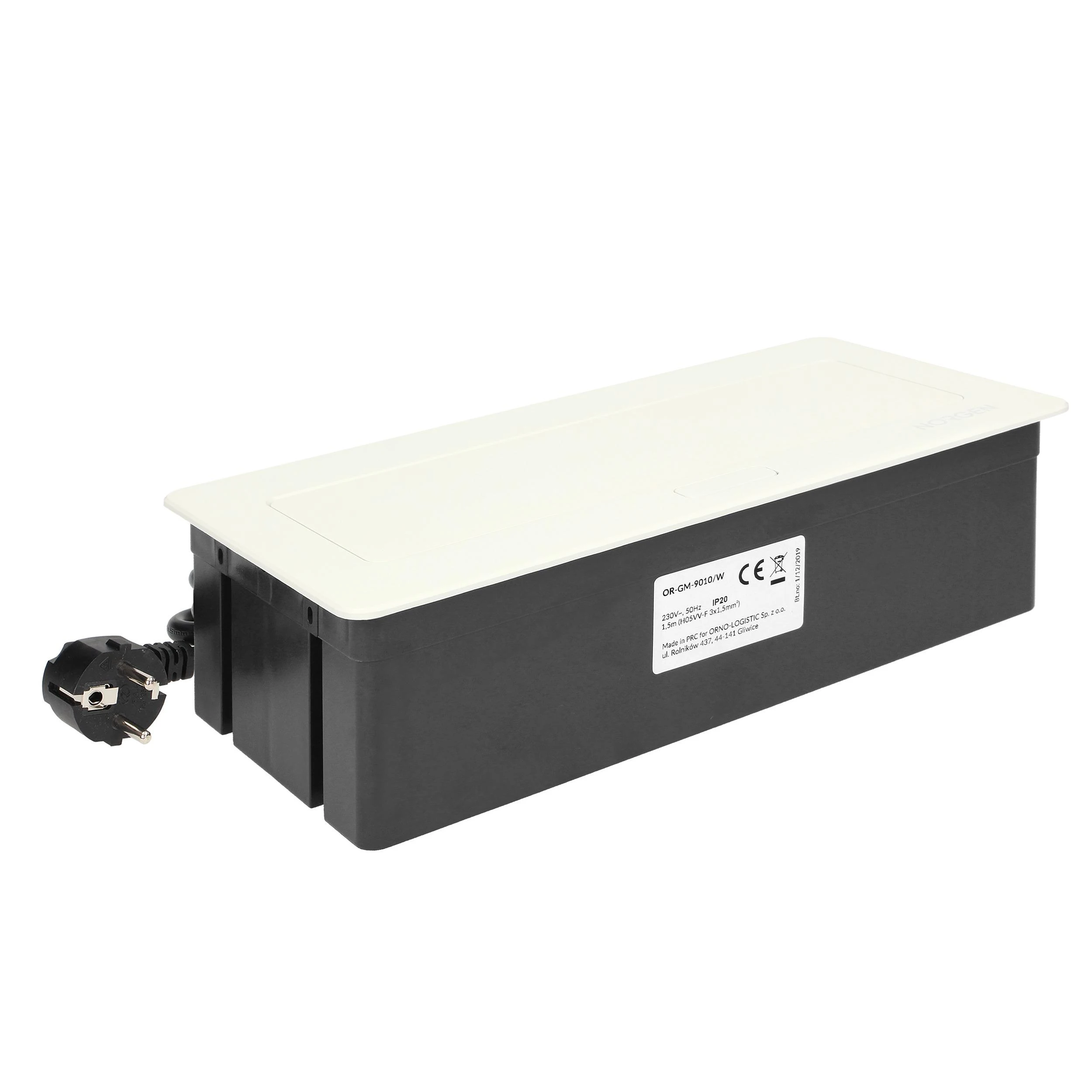 Orno NOEN baldų kasetė, įleidžiama į stalviršį, su integruotu PVC rėmu moduliniams lizdams 3 x 45x45mm arba 6 x 22,5x45mm, 1,5m laidas, balta