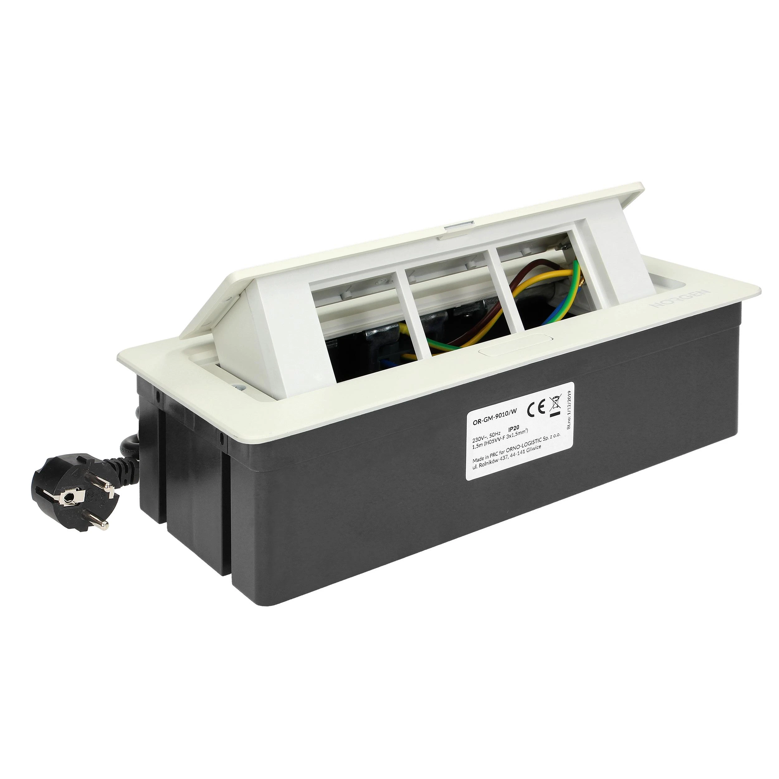 Orno NOEN baldų kasetė, įleidžiama į stalviršį, su integruotu PVC rėmu moduliniams lizdams 3 x 45x45mm arba 6 x 22,5x45mm, 1,5m laidas, balta