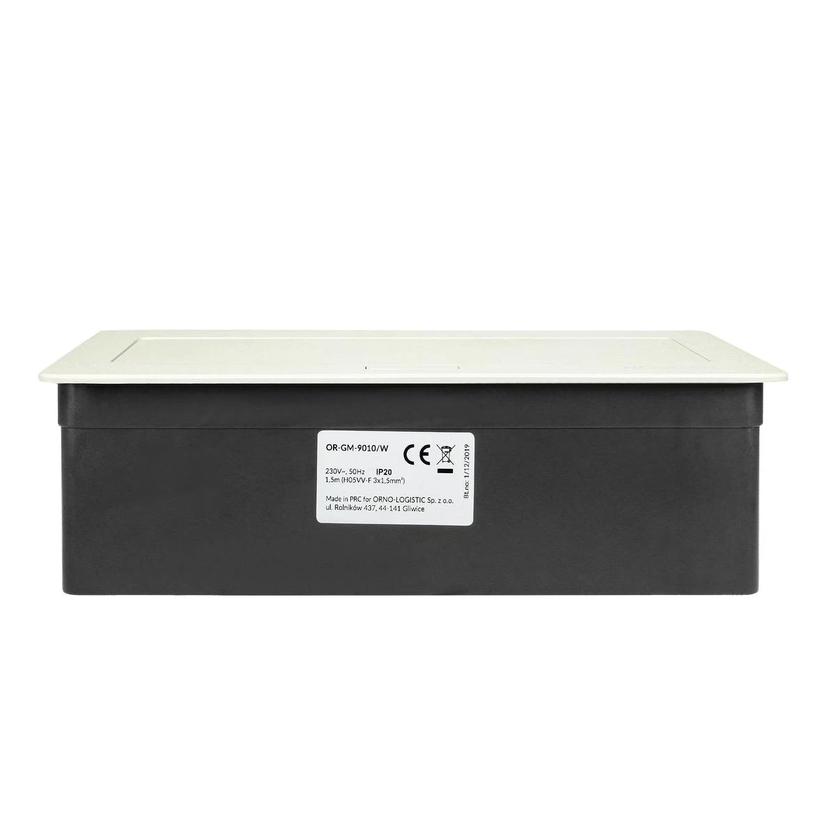 Orno NOEN baldų kasetė, įleidžiama į stalviršį, su integruotu PVC rėmu moduliniams lizdams 3 x 45x45mm arba 6 x 22,5x45mm, 1,5m laidas, balta
