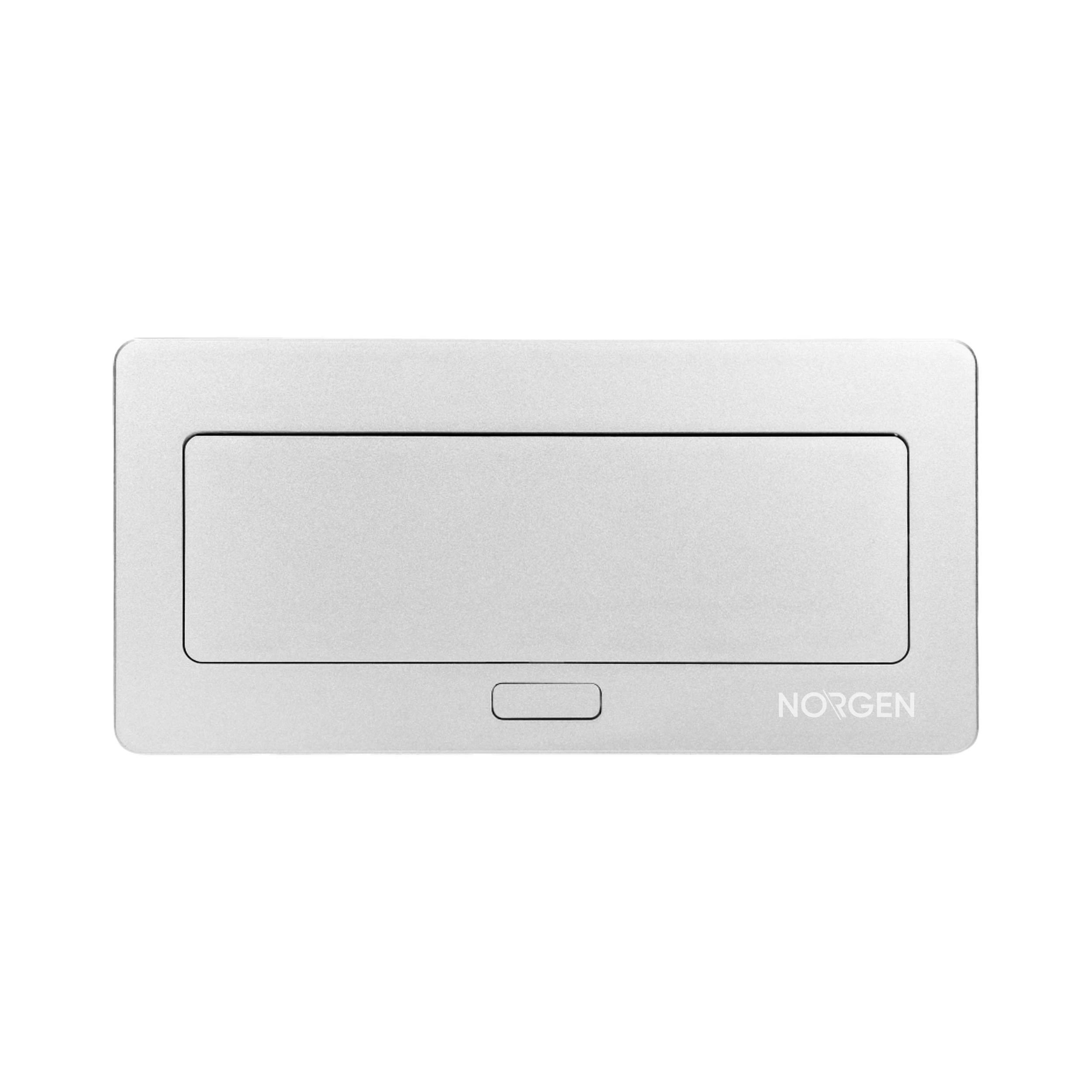 Orno NOEN baldų kasetė, įleidžiama į stalviršį, su integruotu PVC rėmu moduliniams lizdams 3 x 45x45mm arba 6 x 22,5x45mm, 1,5m laidas, sidabrinė