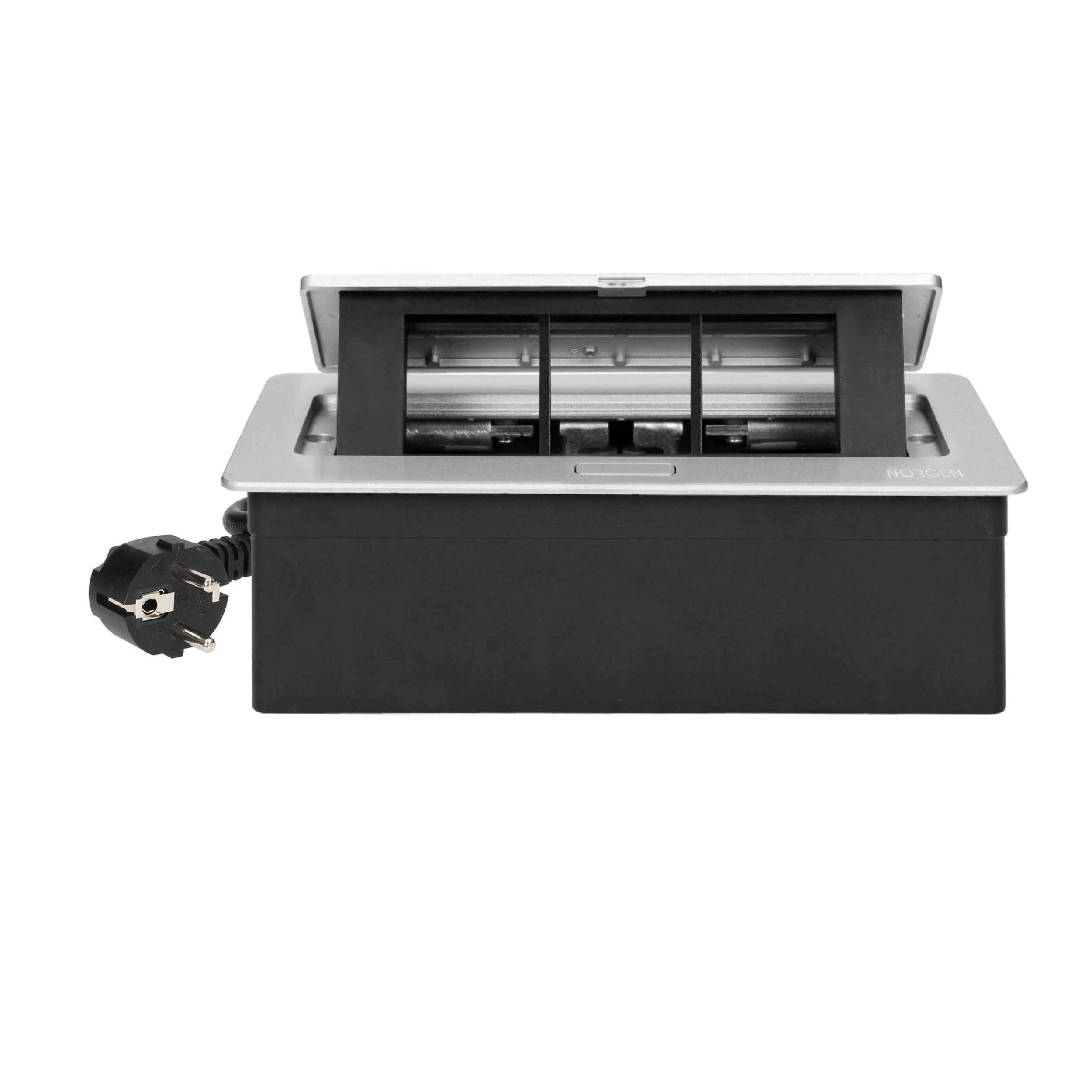 Orno NOEN baldų kasetė, įleidžiama į stalviršį, su integruotu PVC rėmu moduliniams lizdams 3 x 45x45mm arba 6 x 22,5x45mm, 1,5m laidas, sidabrinė