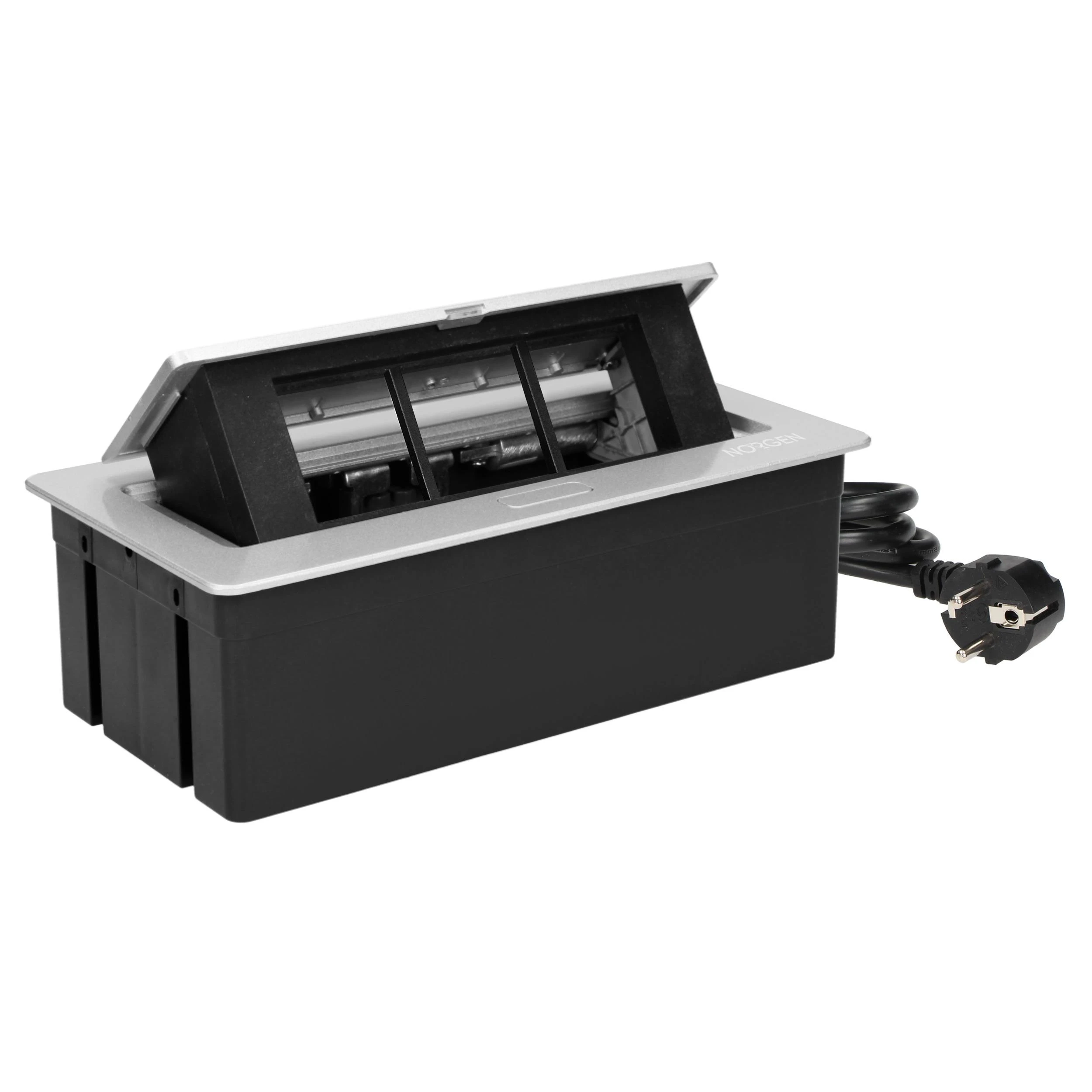 Orno NOEN baldų kasetė, įleidžiama į stalviršį, su integruotu PVC rėmu moduliniams lizdams 3 x 45x45mm arba 6 x 22,5x45mm, 1,5m laidas, sidabrinė