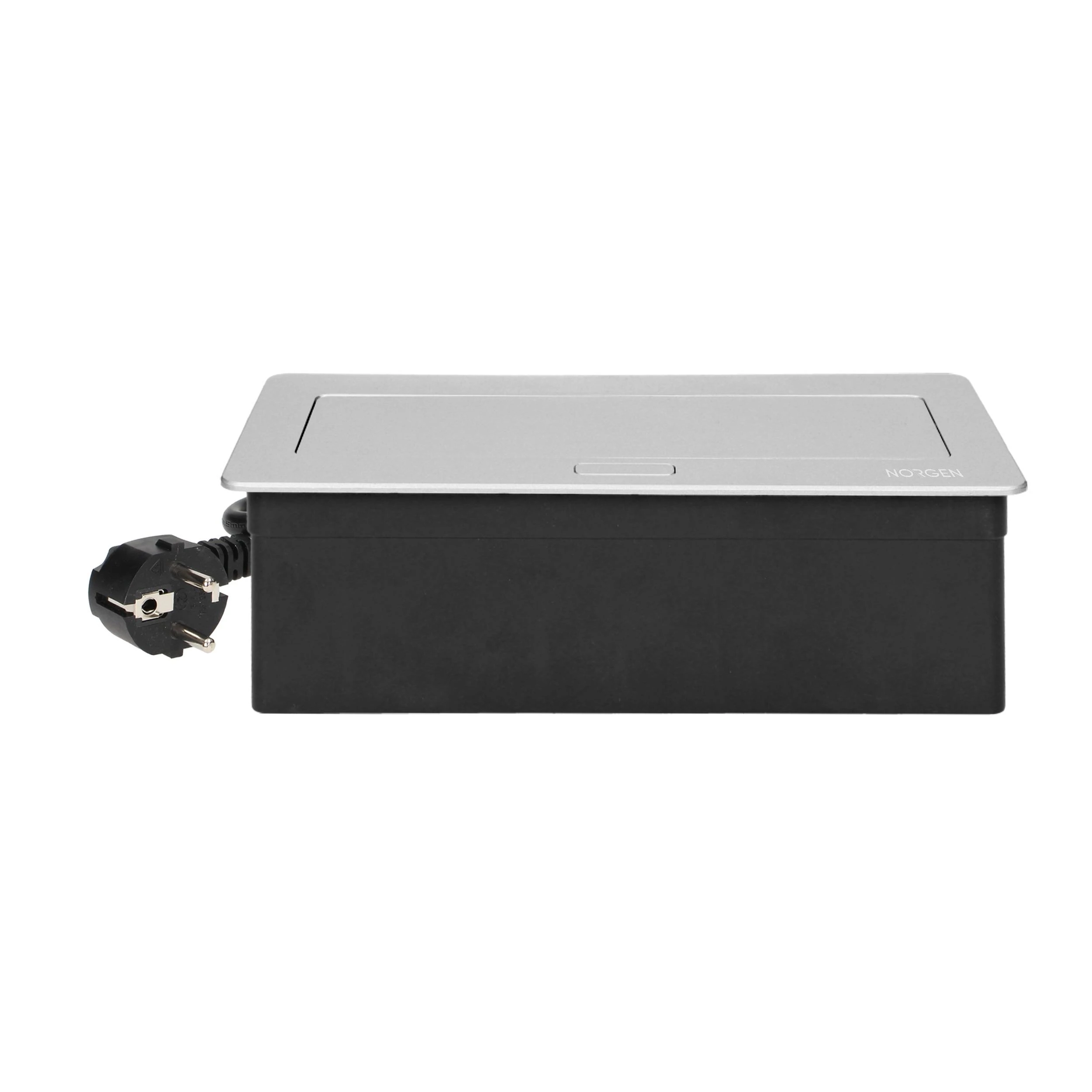 Orno NOEN baldų kasetė, įleidžiama į stalviršį, su integruotu PVC rėmu moduliniams lizdams 3 x 45x45mm arba 6 x 22,5x45mm, 1,5m laidas, sidabrinė
