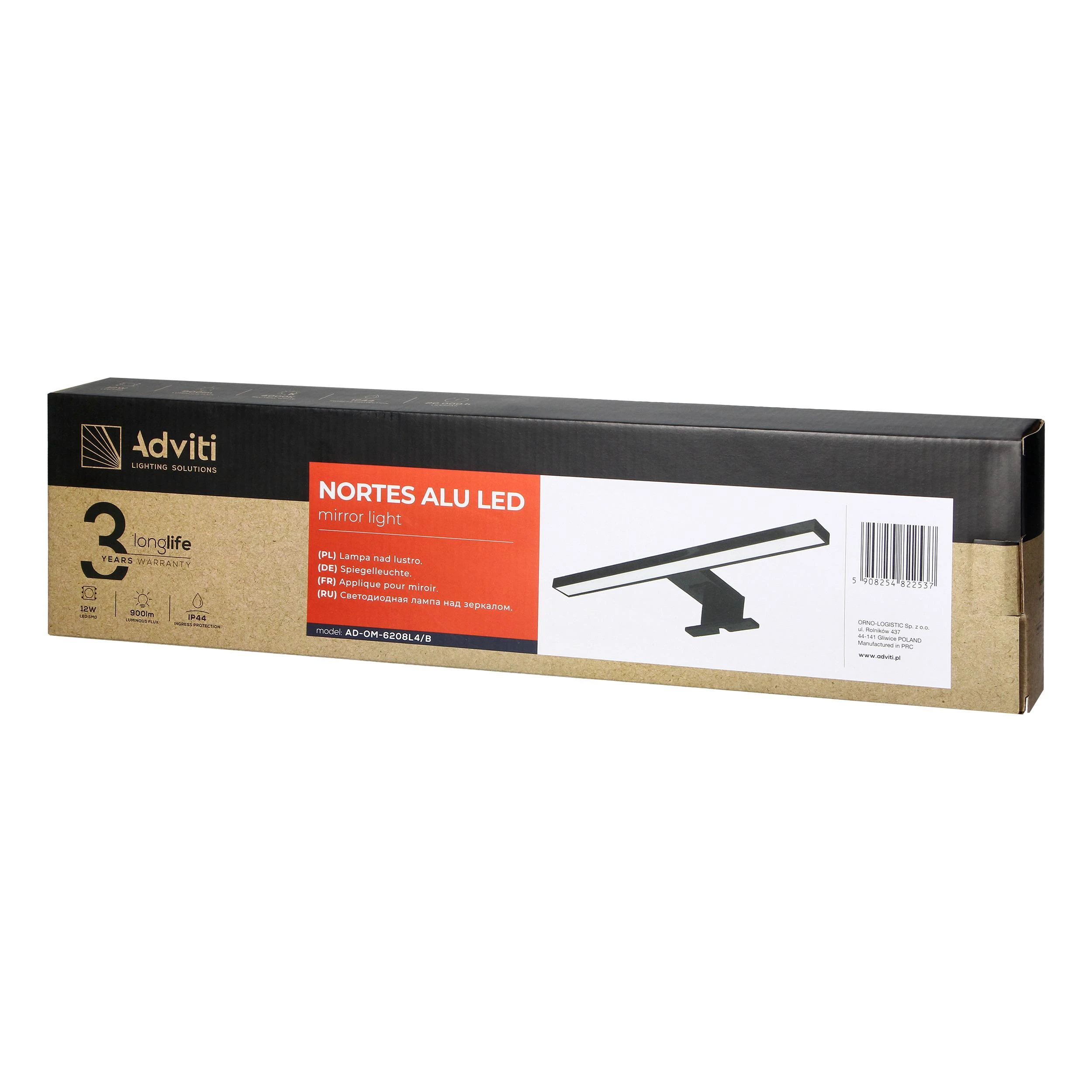 Lubinis šviestuvas Orno NORTES LED 12W, veidrodinis šviestuvas, 900lm, 4000K, ilgis 50 cm, aliuminis, juodas