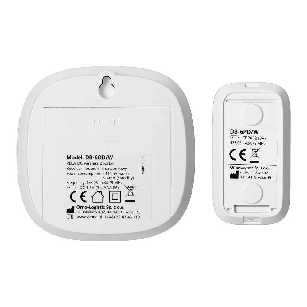 Orno PELA DC, belaidis baterijomis maitinamas durų skambutis, mokymosi sistema, 60 garsų, RGB LED, 300 m, baltas