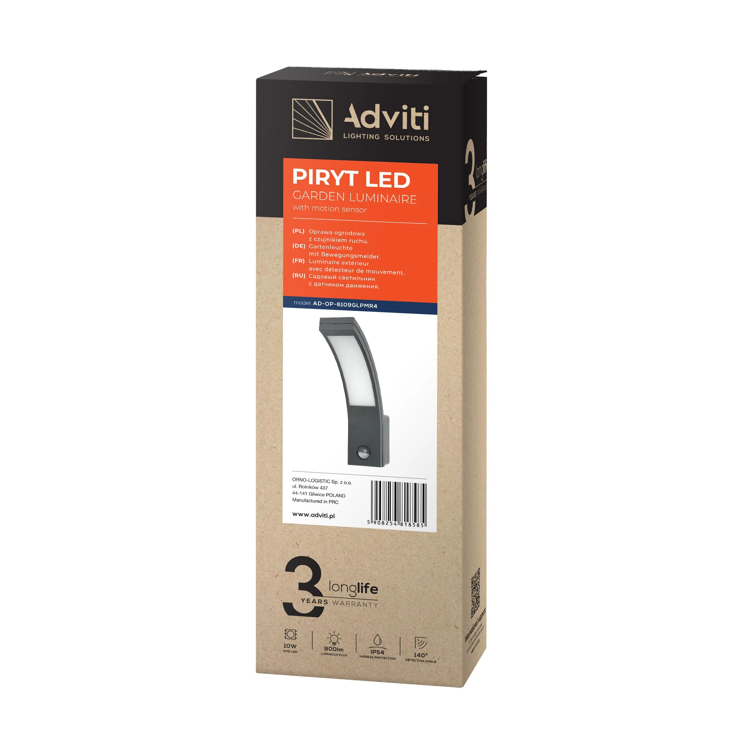 Sieninis šviestuvas Orno Piryt PYRYT LED 10W, sodo šviestuvas su judesio jutikliu 140°, 800lm, IP54, 4000K, pilkas