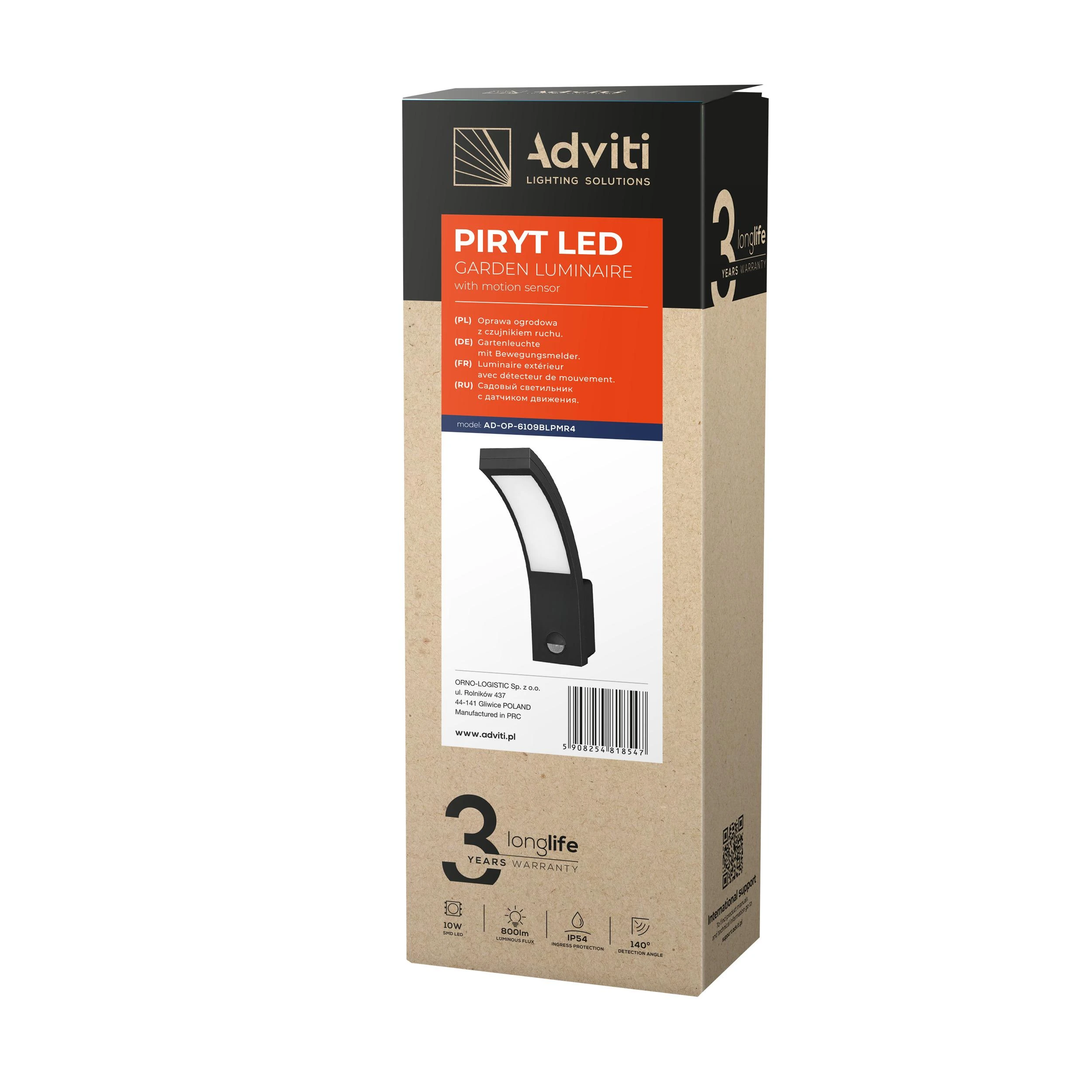 Sieninis šviestuvas Orno Piryt PYRYT LED 10W, sodo šviestuvas su judesio jutikliu 140°, 800lm, IP54, 4000K, juodas