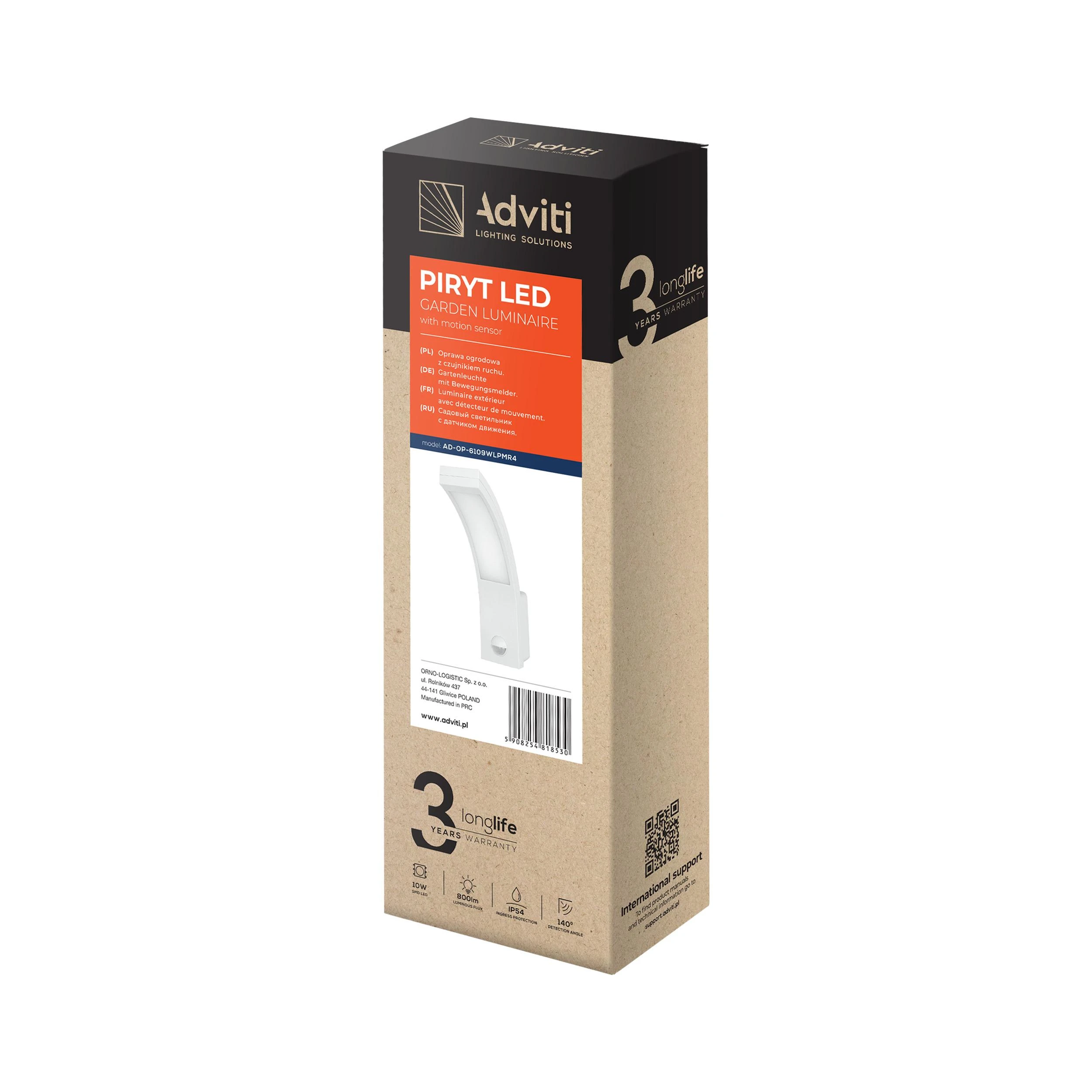 Sieninis šviestuvas Orno Piryt PYRYT LED 10W, sodo šviestuvas su judesio jutikliu 140°, 800lm, IP54, 4000K, baltas