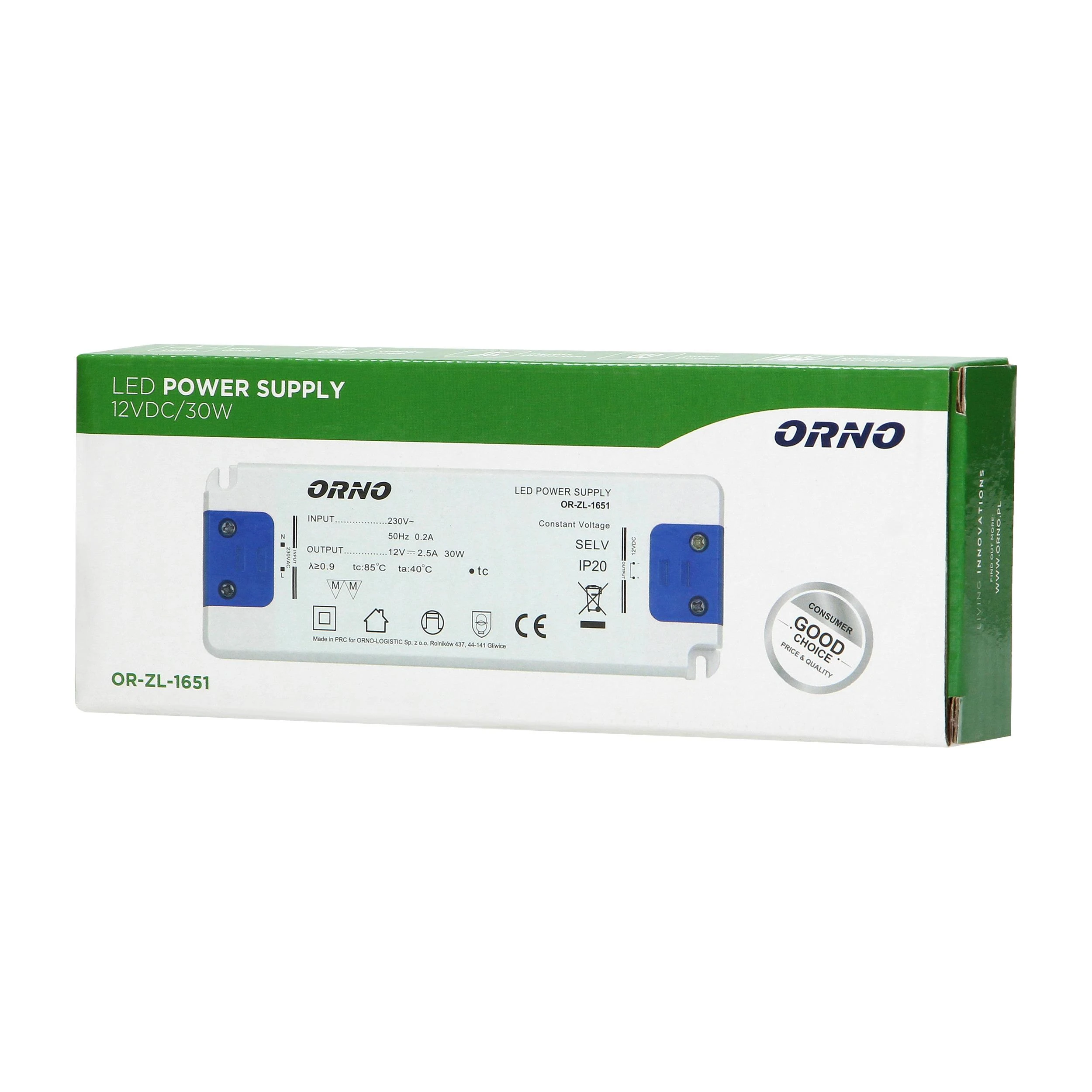 Orno Maitinimo šaltinis Plokščias LED maitinimo šaltinis 12VDC 30W, IP20, aukštis 18mm