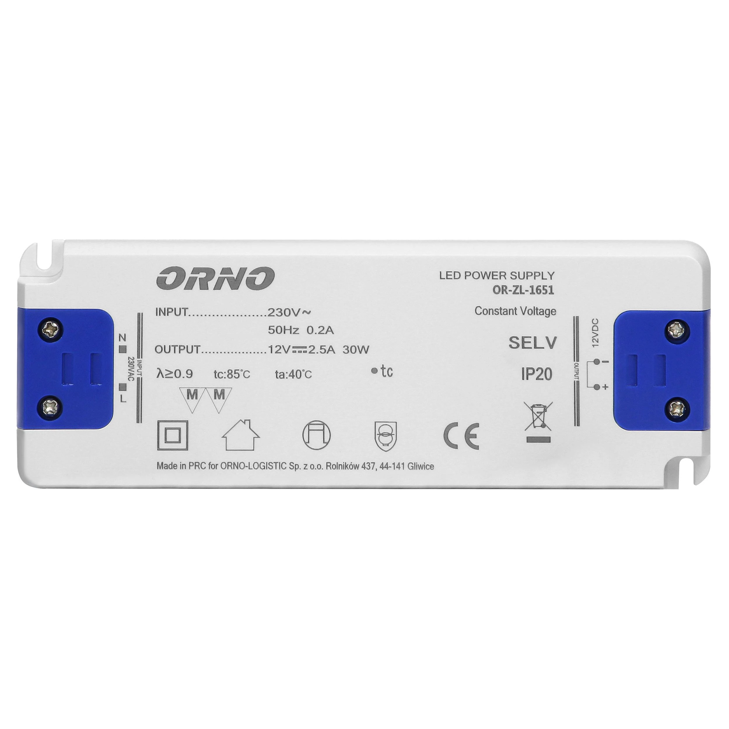 Orno Maitinimo šaltinis Plokščias LED maitinimo šaltinis 12VDC 30W, IP20, aukštis 18mm