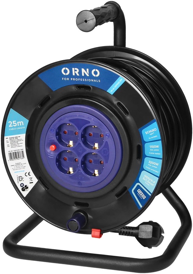 Orno Przedłużacz Ilgintuvo ritė, 4 lizdai 2P+Z Schuko, PVC kabelis H05VV-F 3x1,5mm2, ilgis 25m, fiksuoti lizdai, šiluminė apsauga, srovės kelio sklendės