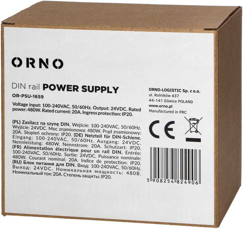 Orno Maitinimo šaltinis Pramoninis maitinimo šaltinis, DIN bėgelis, 24 V nuolatinės srovės, 20 A, 480 W, metaliniame korpuse