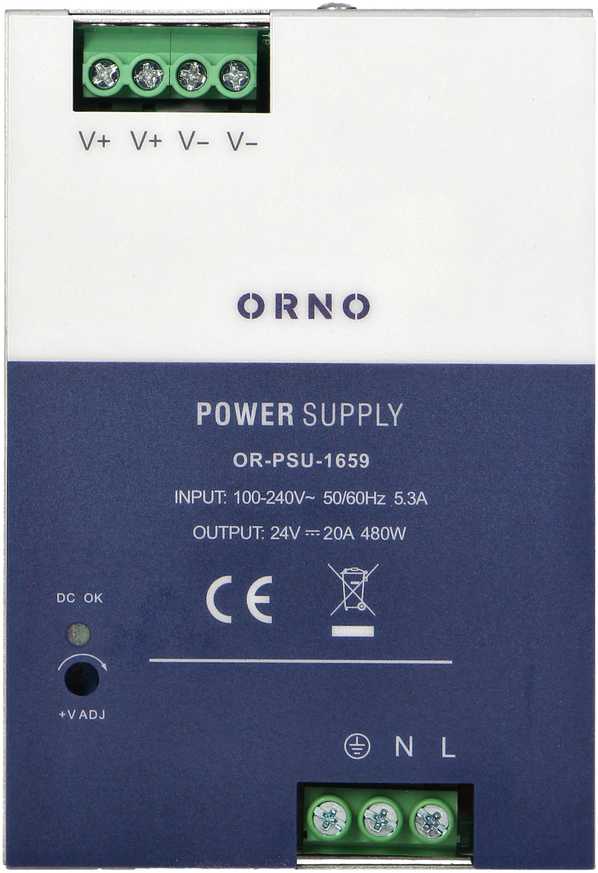 Orno Maitinimo šaltinis Pramoninis maitinimo šaltinis, DIN bėgelis, 24 V nuolatinės srovės, 20 A, 480 W, metaliniame korpuse