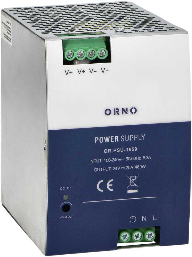 Orno Maitinimo šaltinis Pramoninis maitinimo šaltinis, DIN bėgelis, 24 V nuolatinės srovės, 20 A, 480 W, metaliniame korpuse