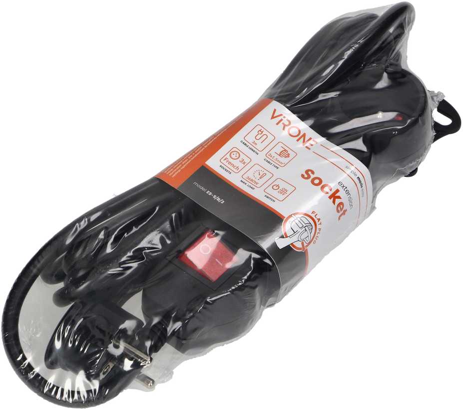 Orno Przedłużacz 3 krypčių prailgintuvas 2P+Z, su jungikliu, 3m H05VV-F 3x1.5mm2, Imax=16A, plokščias kištukas, juodas